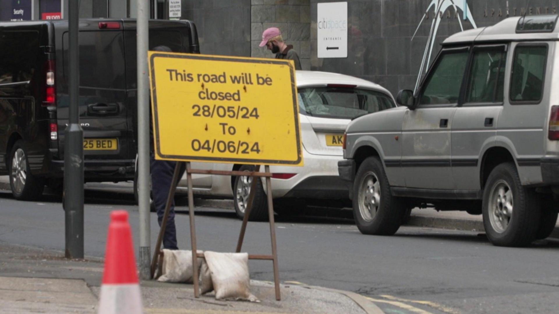 Roadworks signage and traffic at the New York Street flyover in Leeds