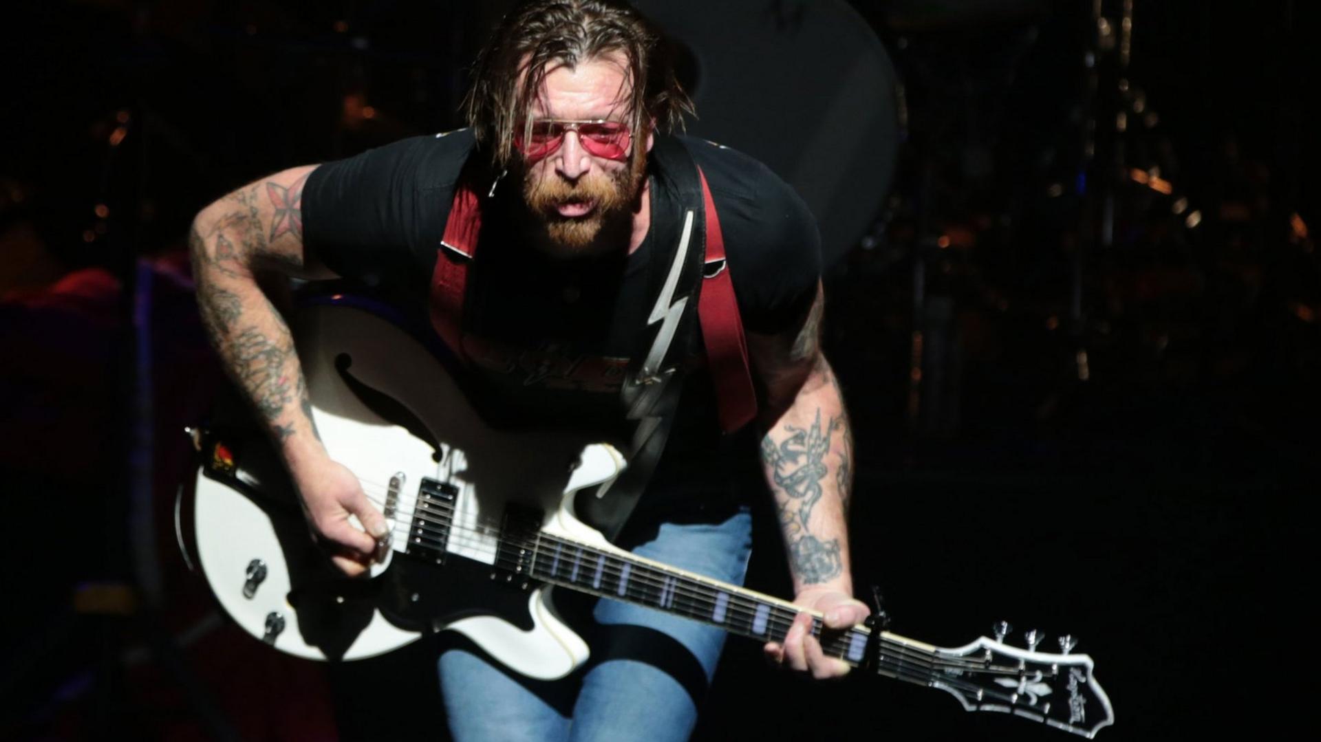 Jesse Hughes, the singer of US rock group Eagles of Death Metal, on stage at the Olympia concert hall