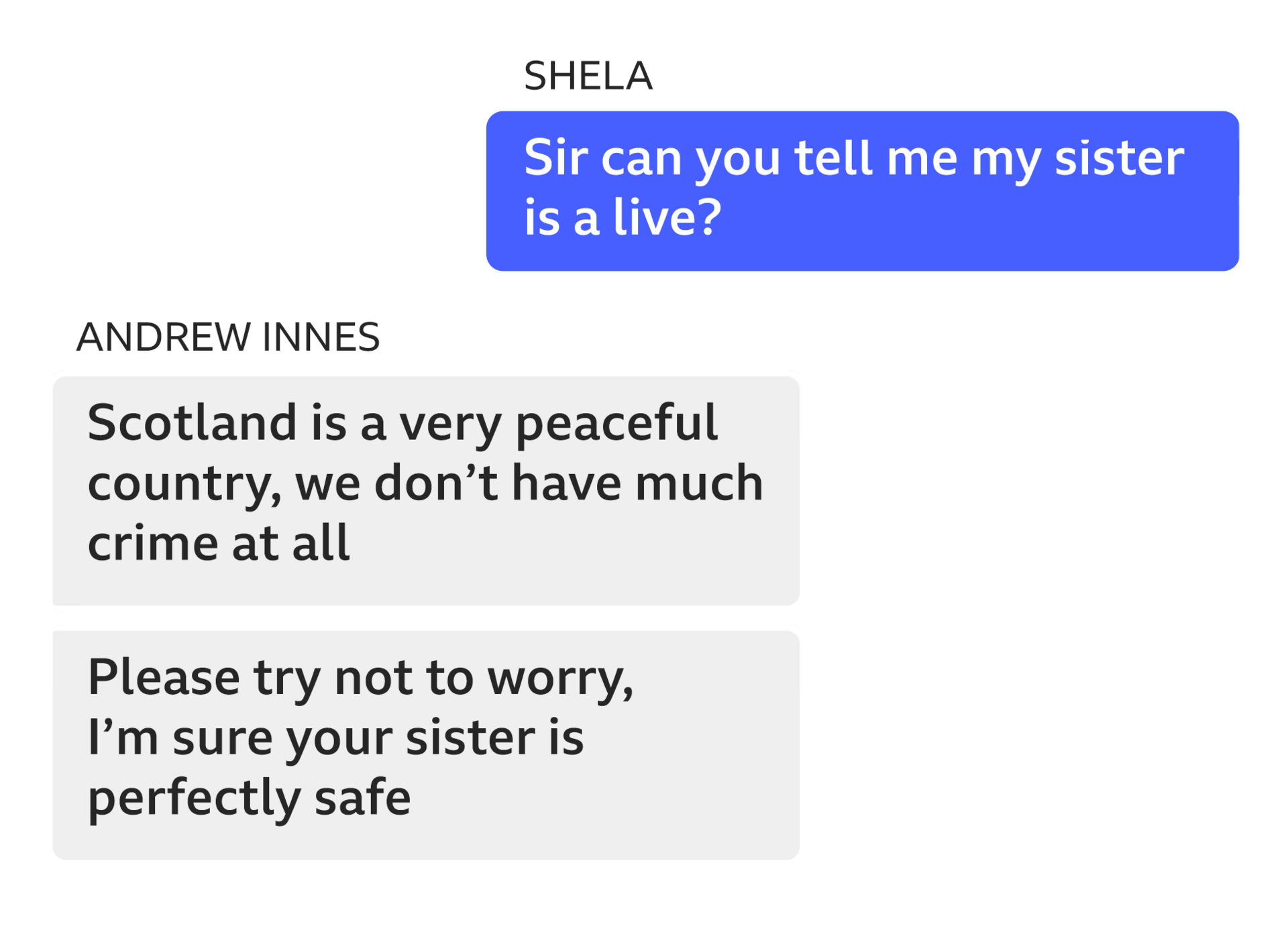 Image showing an exchange of messages between Shela and Andrew Innes on Facebook Messenger. Shela: Sir can you tell me my sister is alive? Andrew Innes: Scotland is a very peaceful country, we don’t have much crime at all. Please try not to worry, I’m sure your sister is perfectly safe.