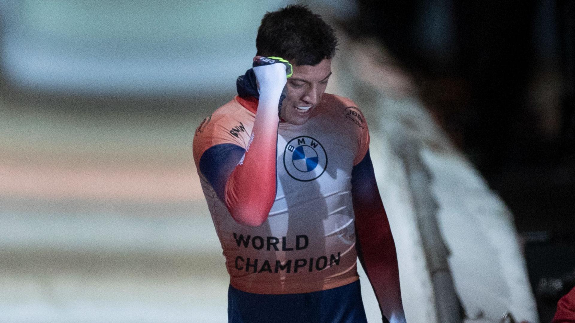 Matt Weston of Great Britain celebrates after his final round of the Men's Skeleton competition at the BMW IBSF Bobsleigh And Skeleton World Championship on 23 February, 2024. 