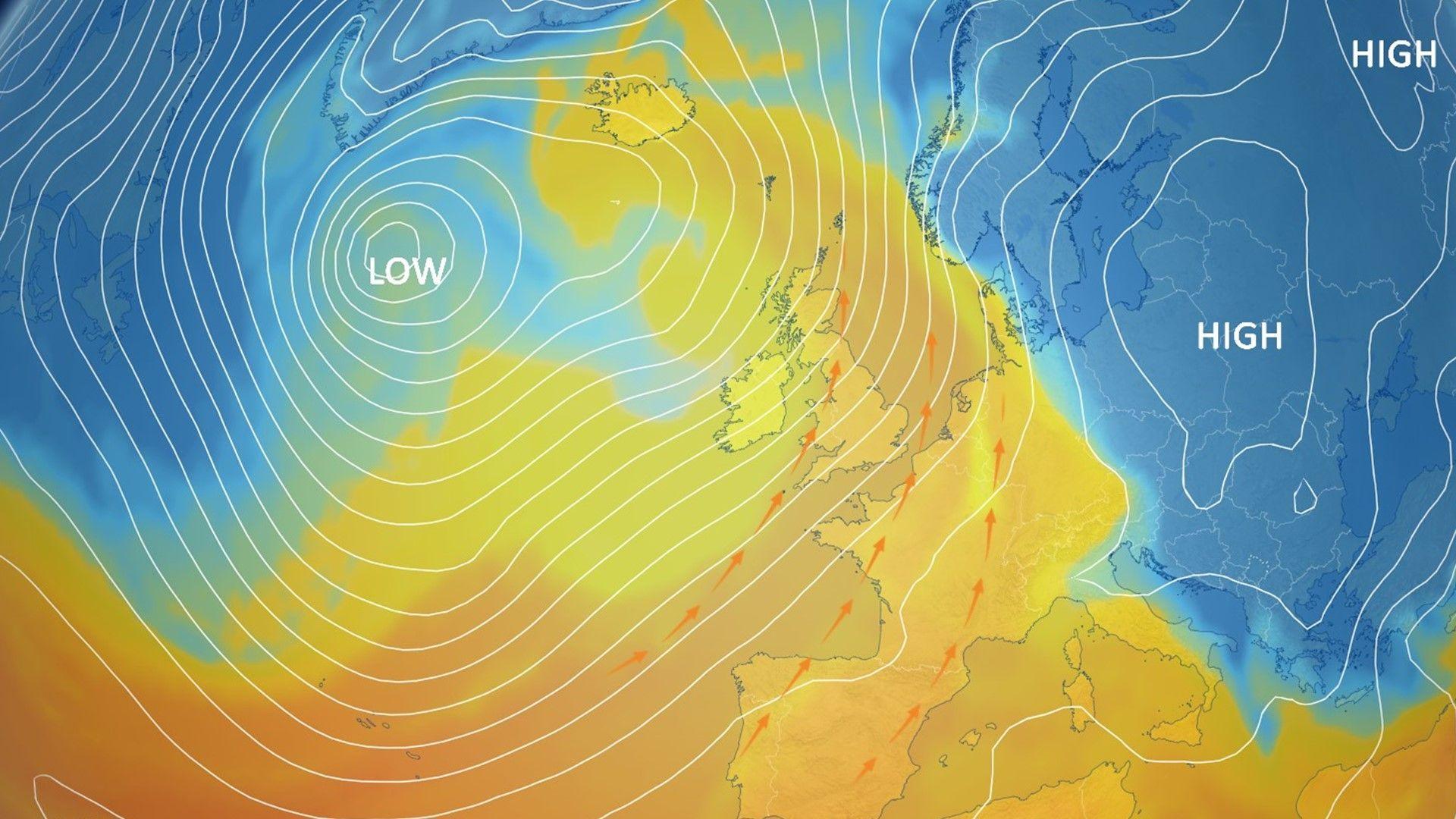 Pressure and airmass map showing low pressure to the west of the UK and high pressure to the east with a wind from the south bringing warmer yellow coloured air from southern latitudes to the UK