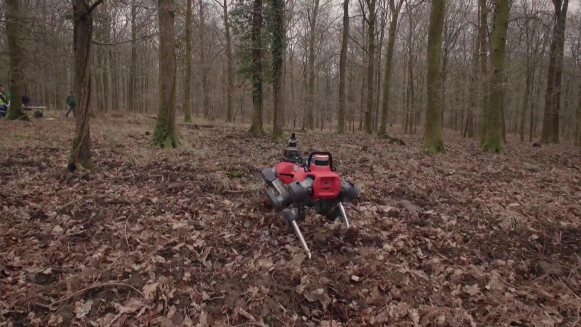 A red robot dog with four metal legs walks through a forest 