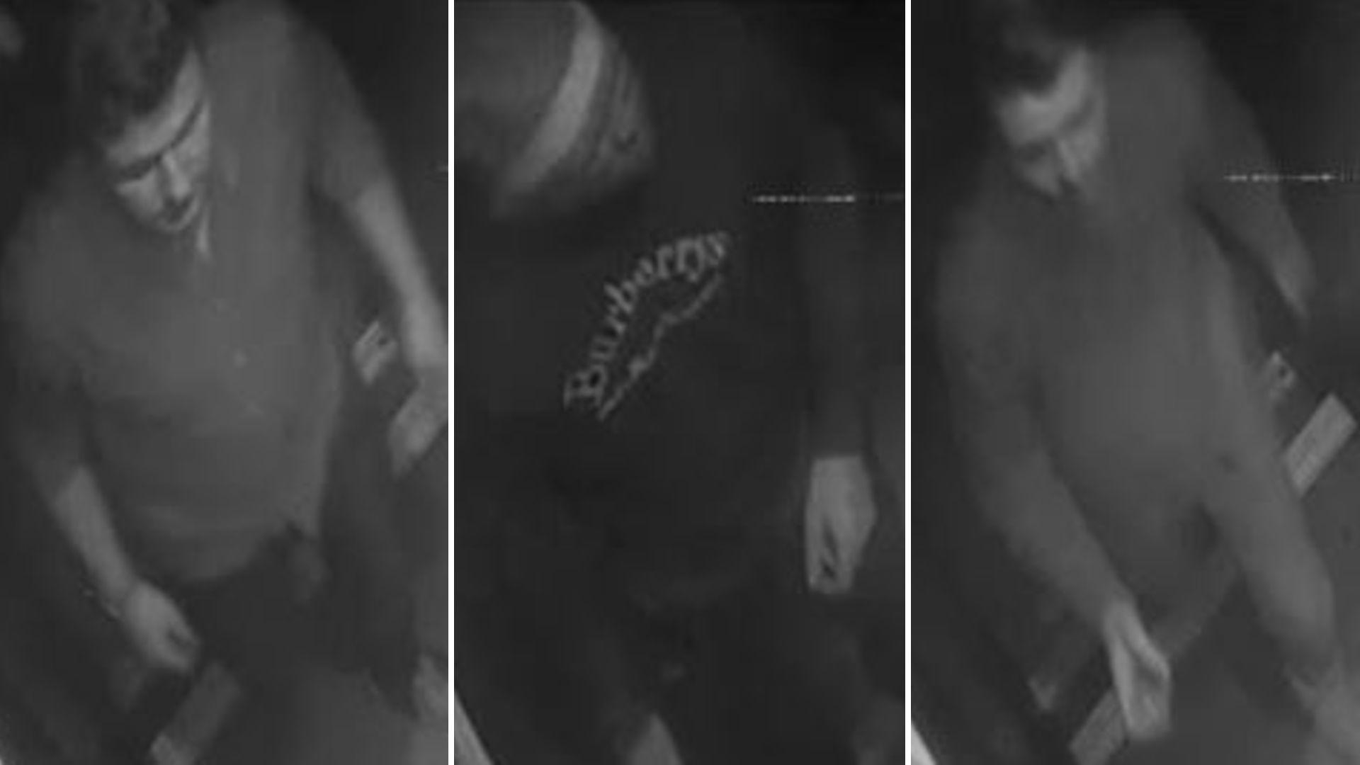 Three black and white CCTV images of three men.