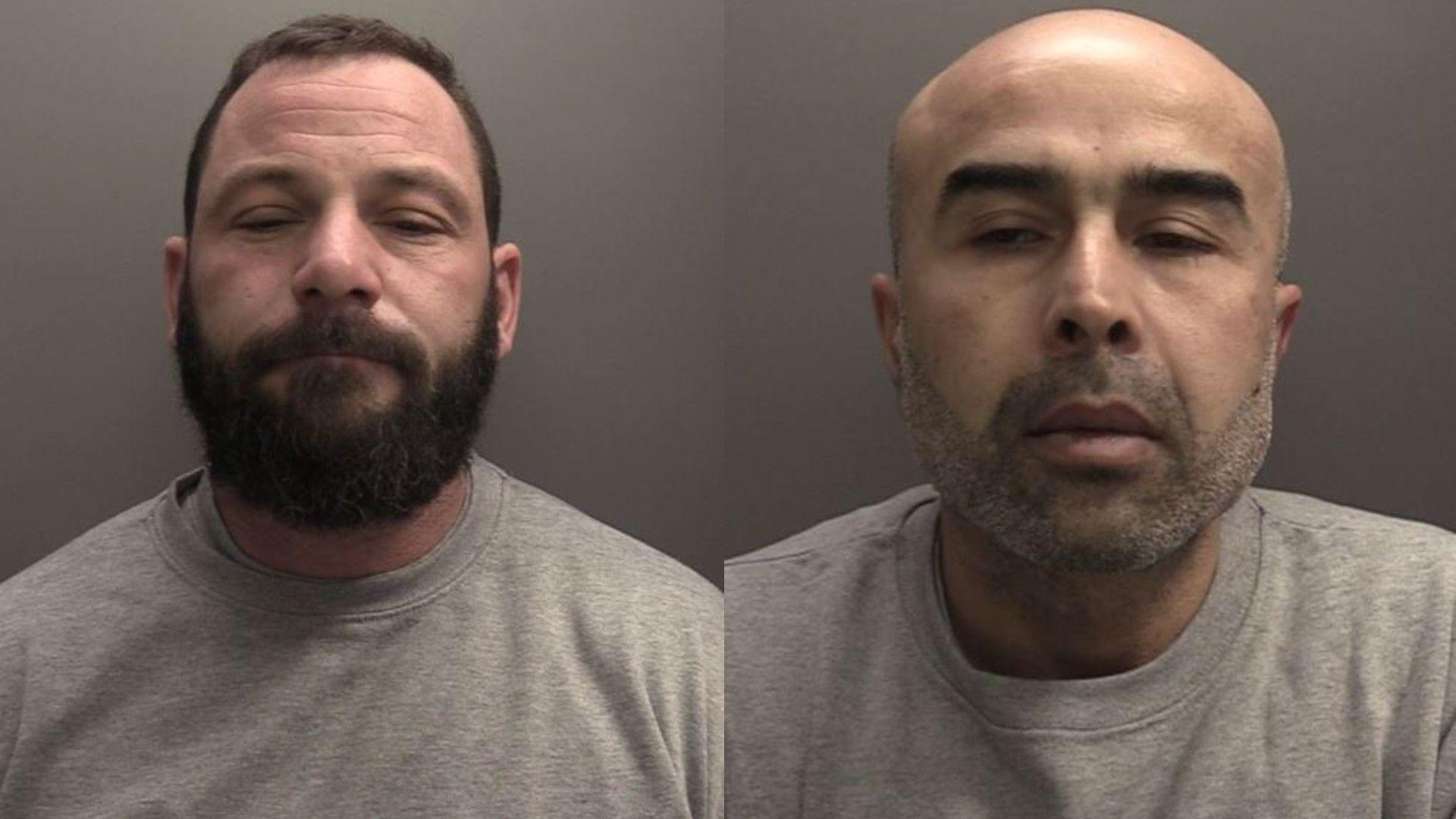 Police mugshots of a composite image of two of the men. They are both wearing grey jumpers, one is bald with grey stubble and the other has short black hair and a medium-length moustache and beard.