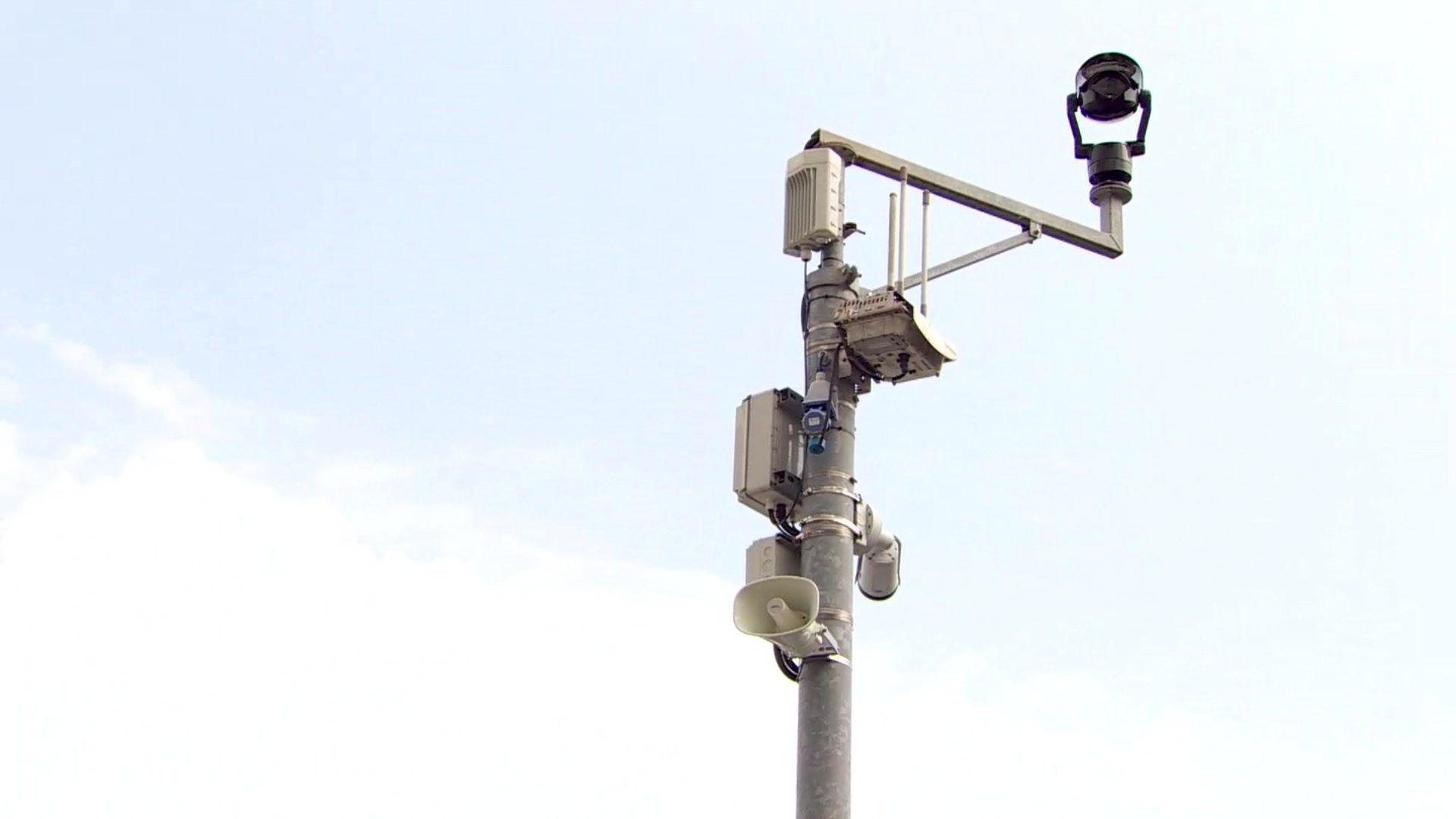 A loudspeaker plays messages to prevent anti-social behaviour in Grimsby. The speaker is on top of a silver pole.