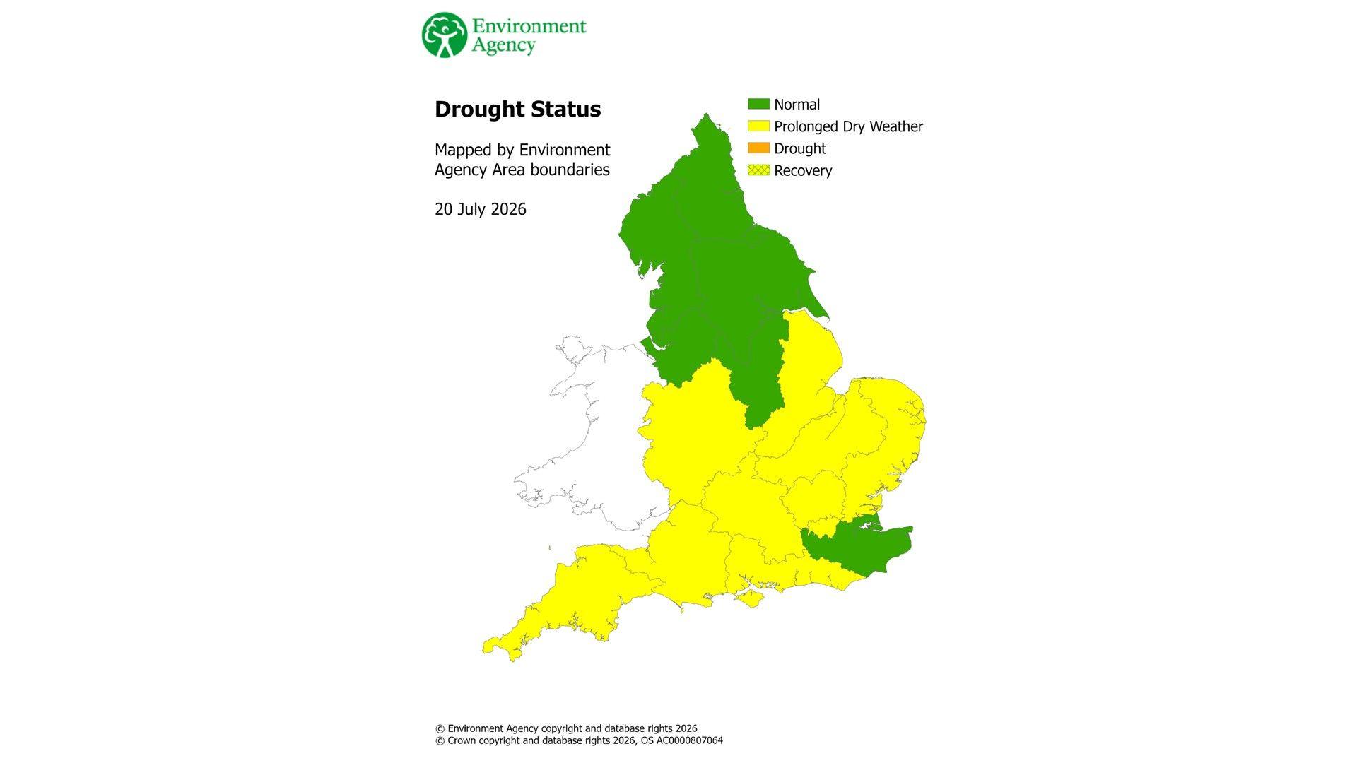 Environment Agency map showing most of England south of the Humber, except for Kent, marked as in an area of "Prolonged Dry Weather"