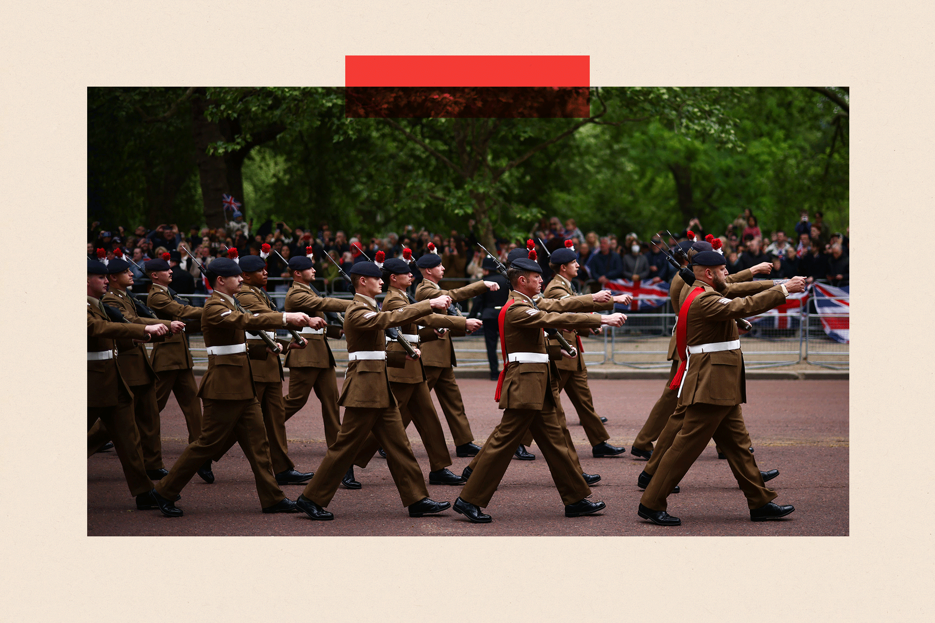 Members of the armed forces parade down The Mall during a military procession marking the 80th anniversary of VE Day