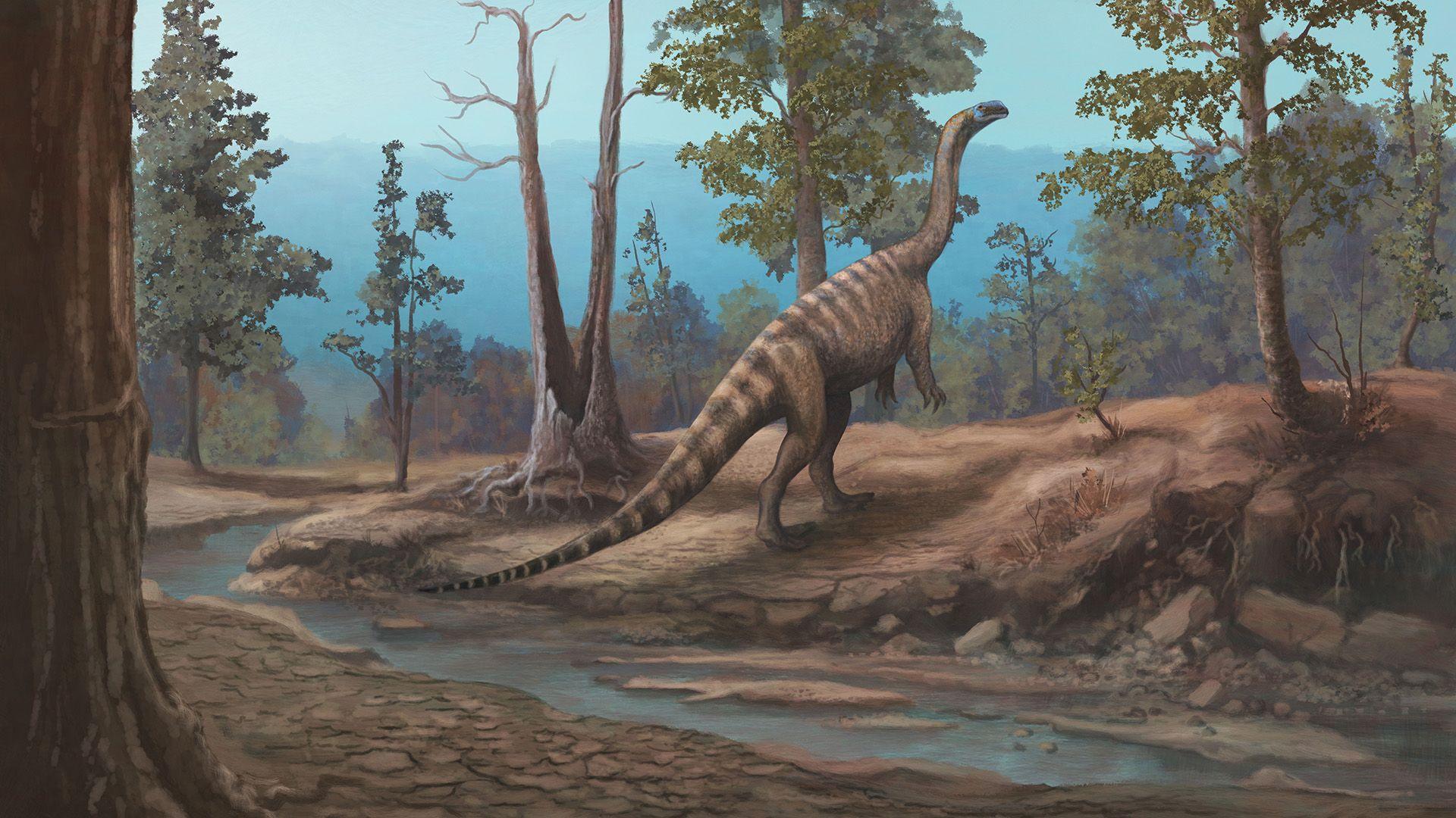An illustration of a dinosaur walking on two legs near a stream and some trees