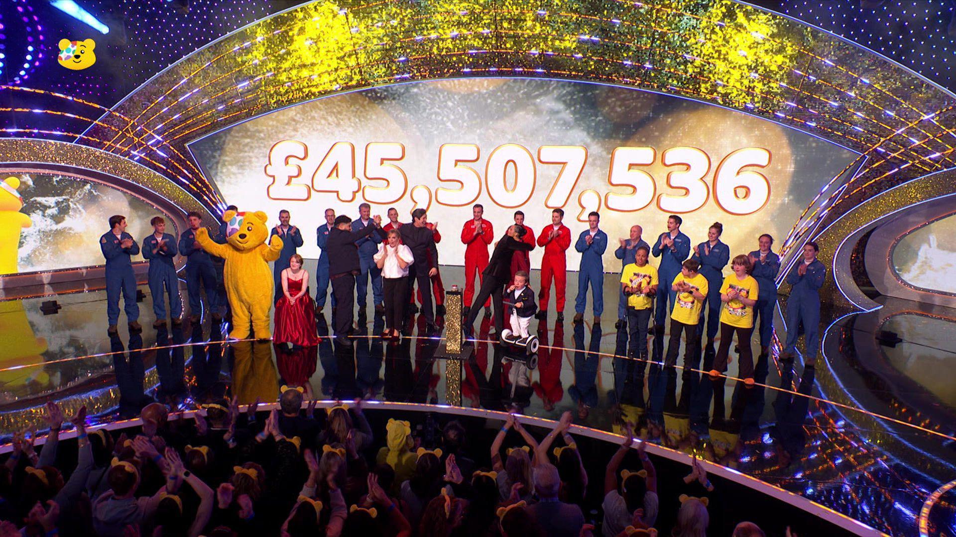Children in Need stage with the amount of £45,507,536 written on the screen.
