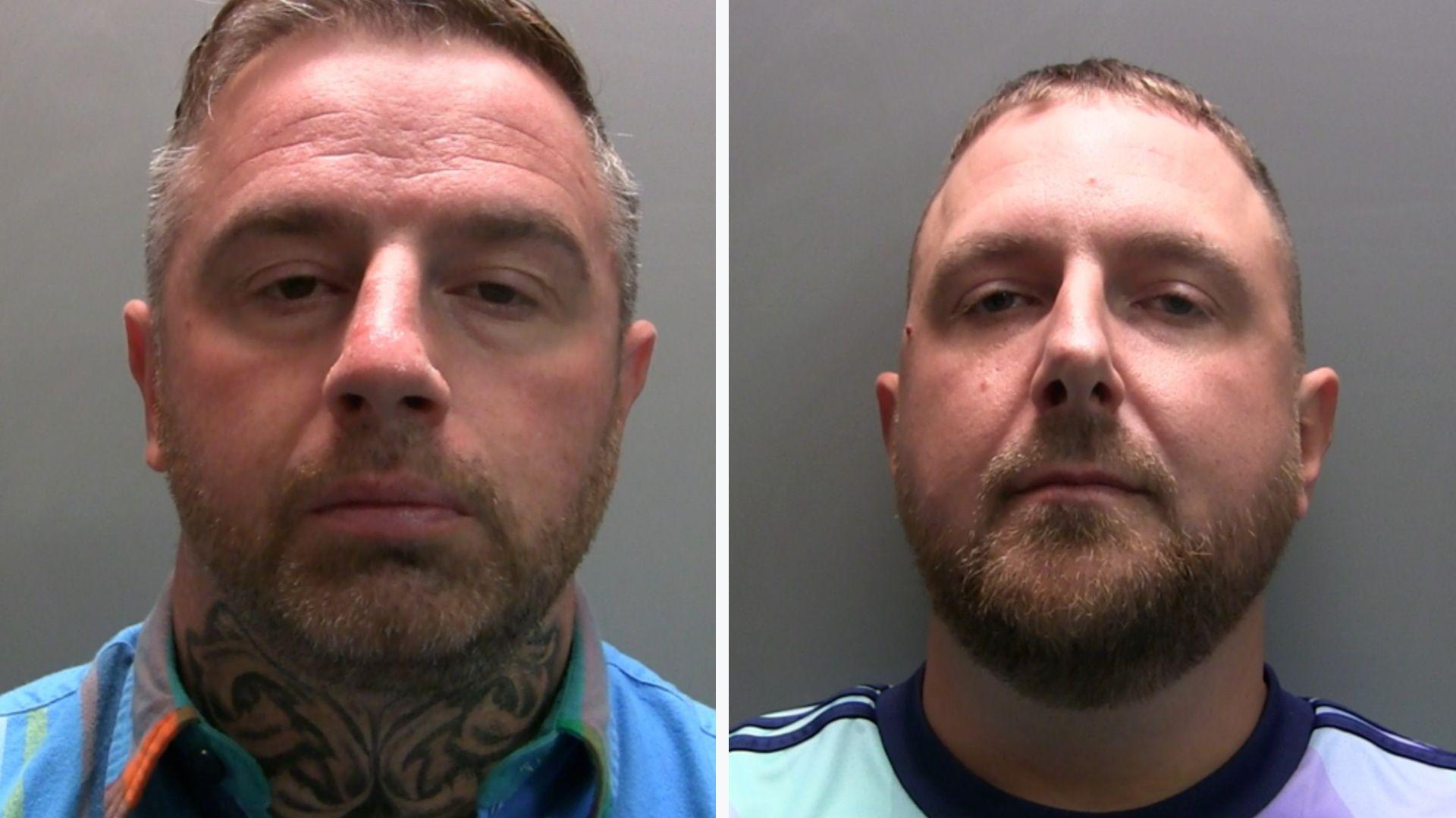 Police mugshots of Stewart Walton and Liam Brogden. Walton has a spiral-themed neck tattoo and short grey hair. He is wearing a blue polo-shirt. Brogden has short facial hair and a short cropped haircut. He is wearing a lilac-coloured t-shirt.