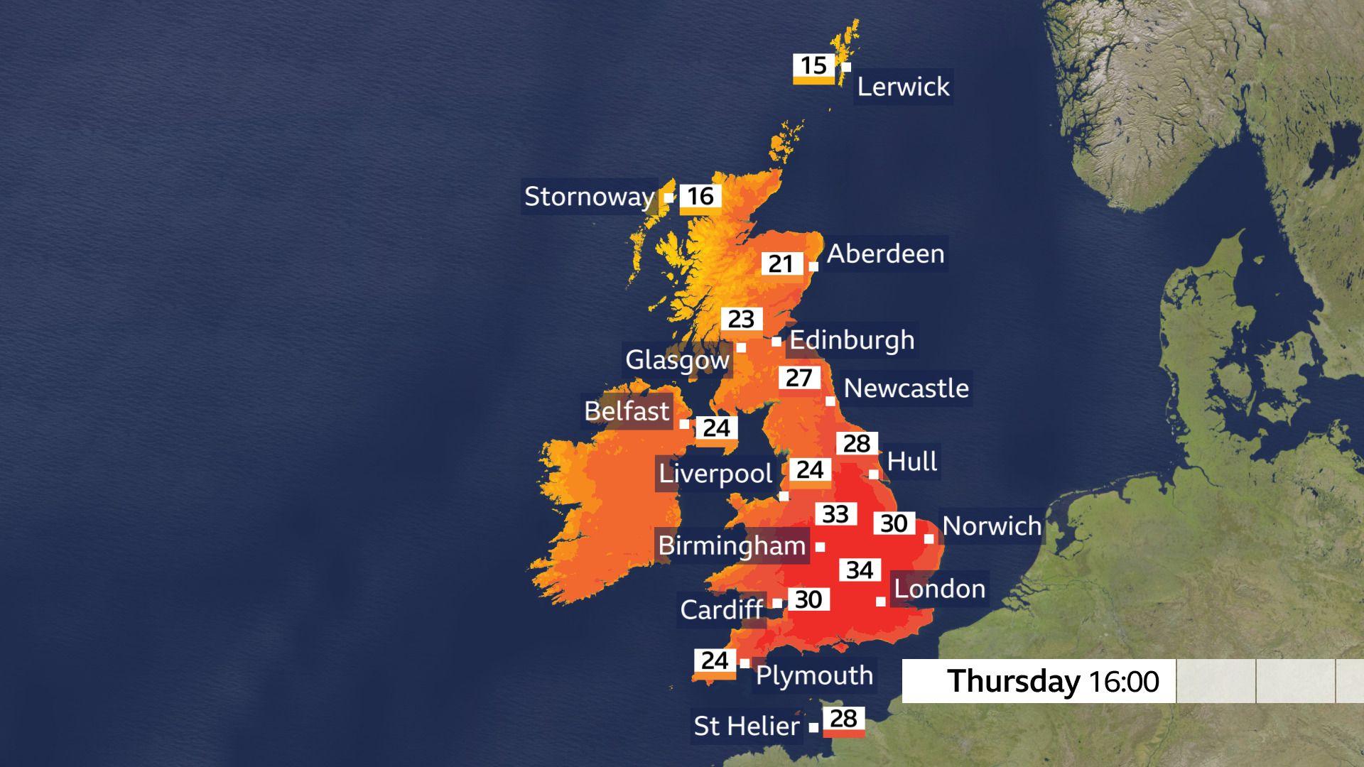 A weather map showing temperatures for Thursday ranging from 15 Celsius in the Shetland Islands to 34 Celsius in London. 