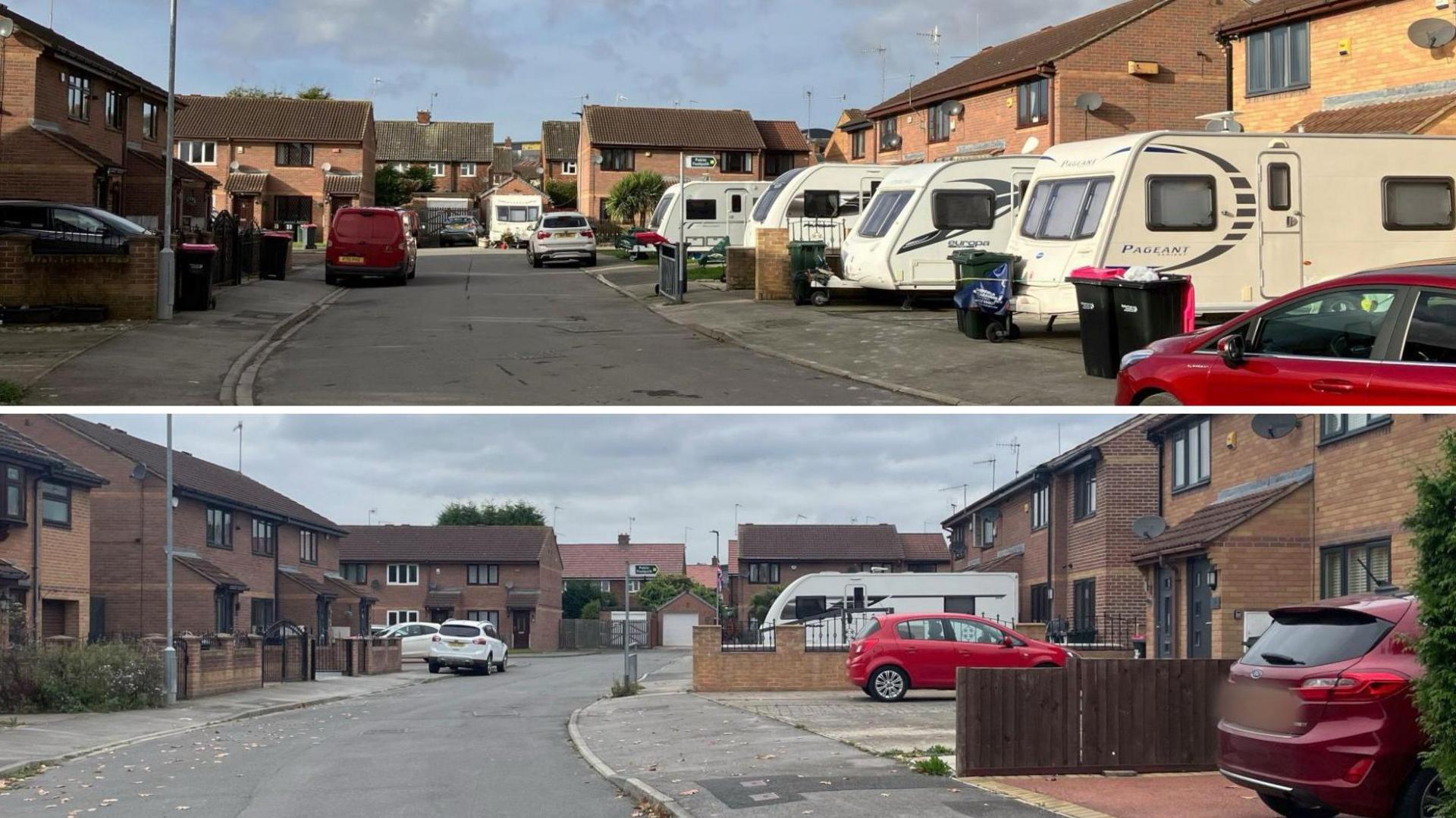 A before and after photo showing a street with modern red brick houses. In the top picture there are several caravans on the driveways. In the bottom photos only one caravan remains.