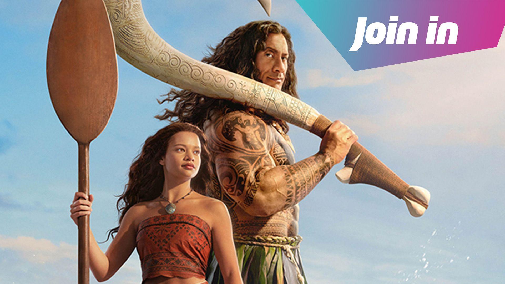 Moana holds an oar and Maui holds his magic fish hook in the Moana Live Action movie poster.