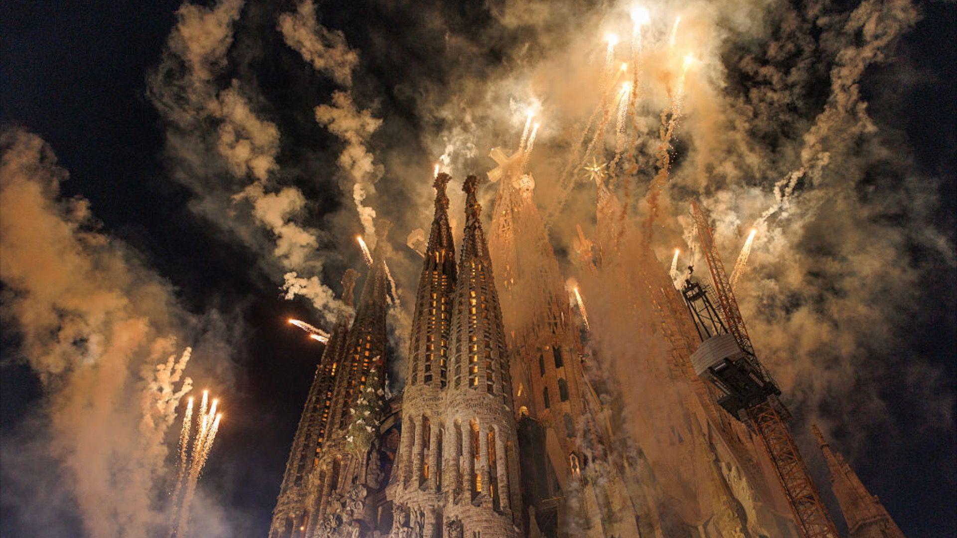 Fireworks illuminate Barcelona's Sagrada Família during Pope visit