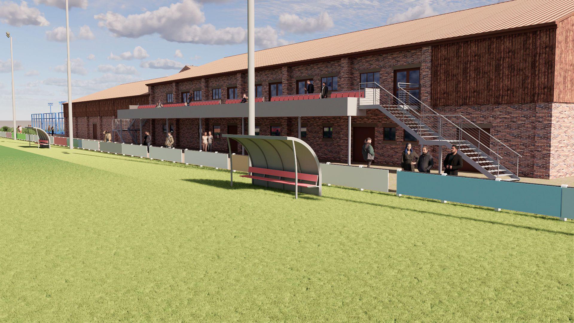 A rendered design image of a rugby clubhouse with an extended viewing balcony.