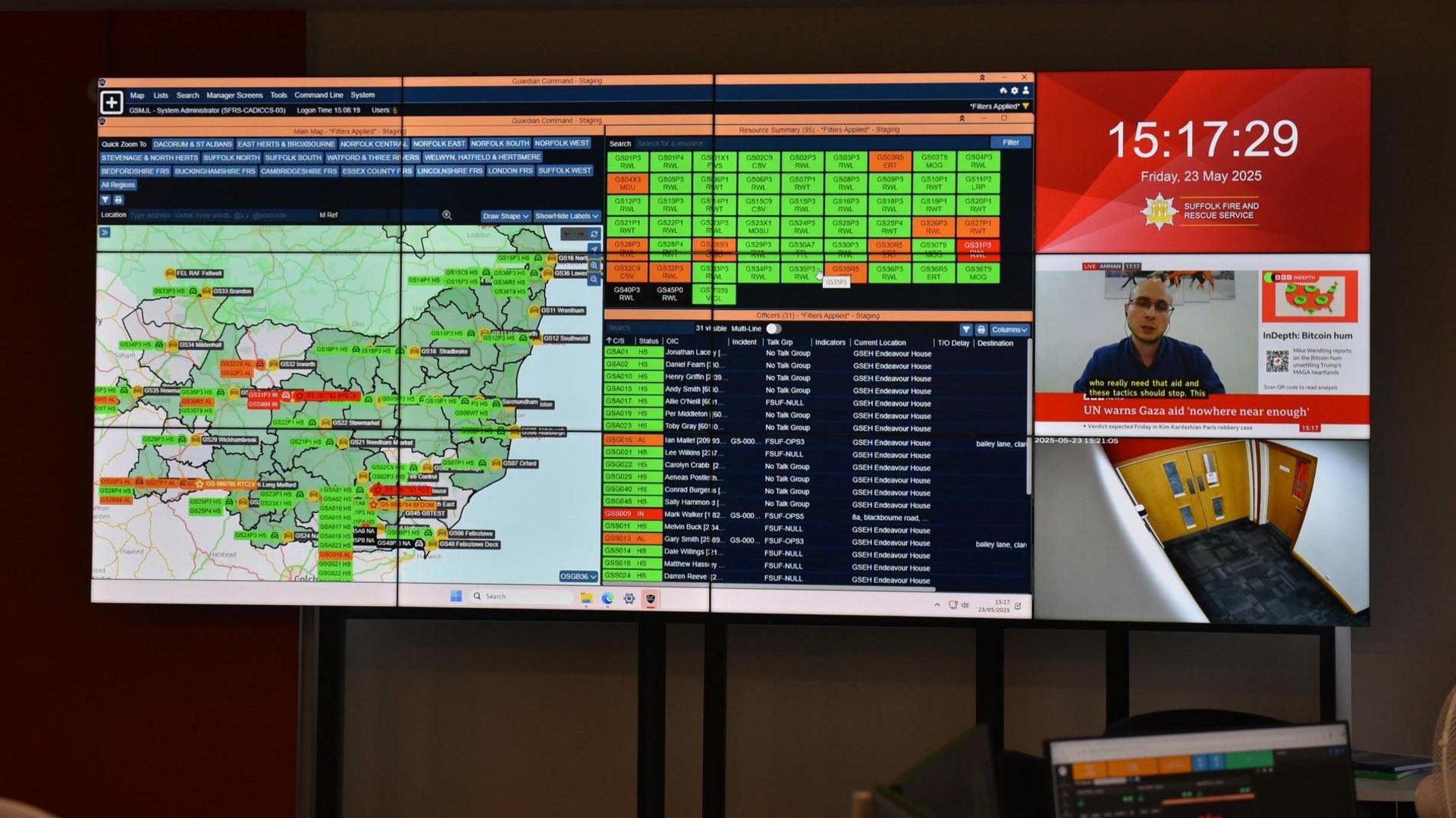 A screen in the control room showing a map of the county and CCTV>