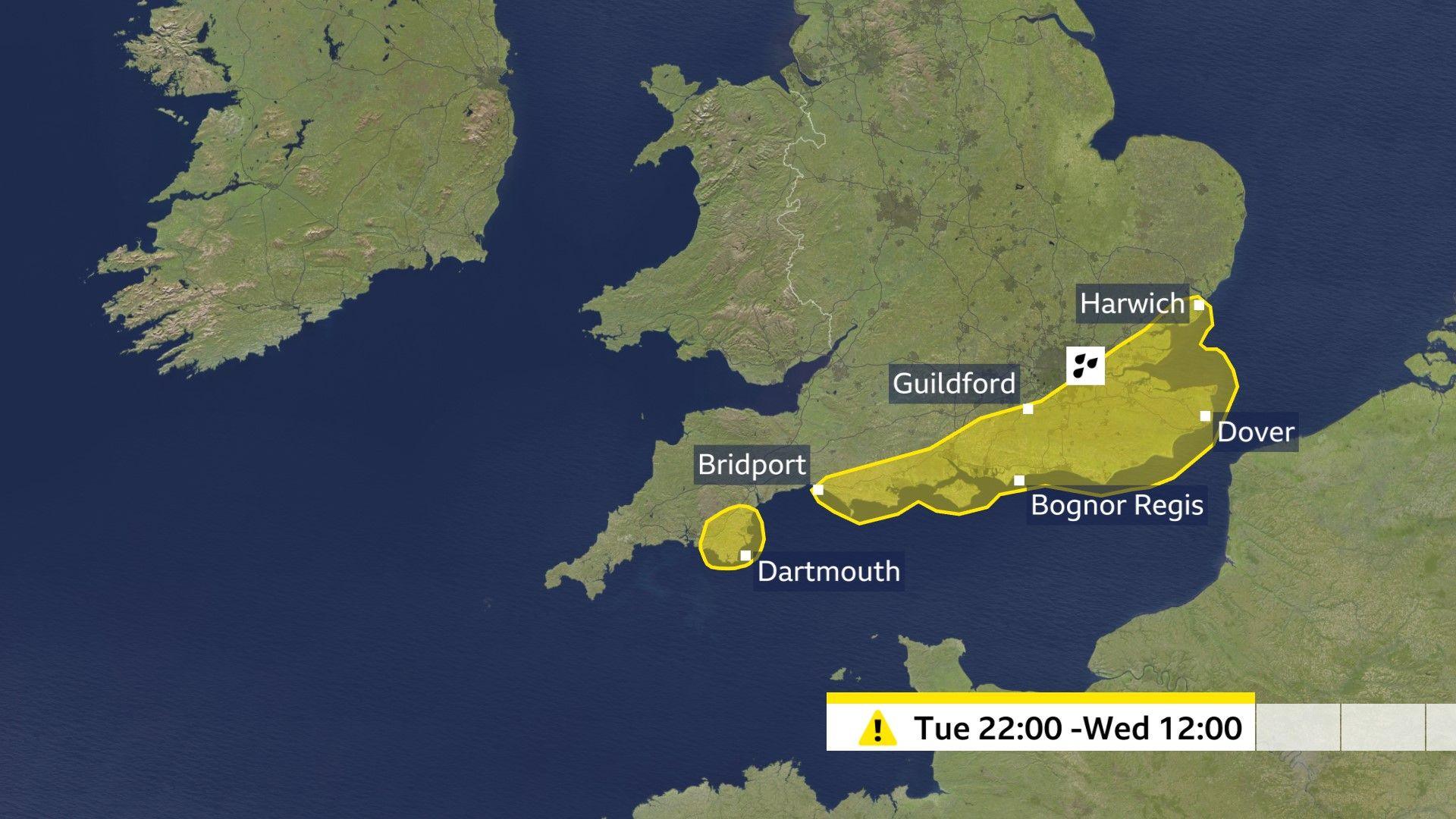 A map showing England and Wales with yellow shaded areas showing the locations covered by yellow weather warnings for rain, which are in place from 10pm on Tuesday until noon on Wednesday.