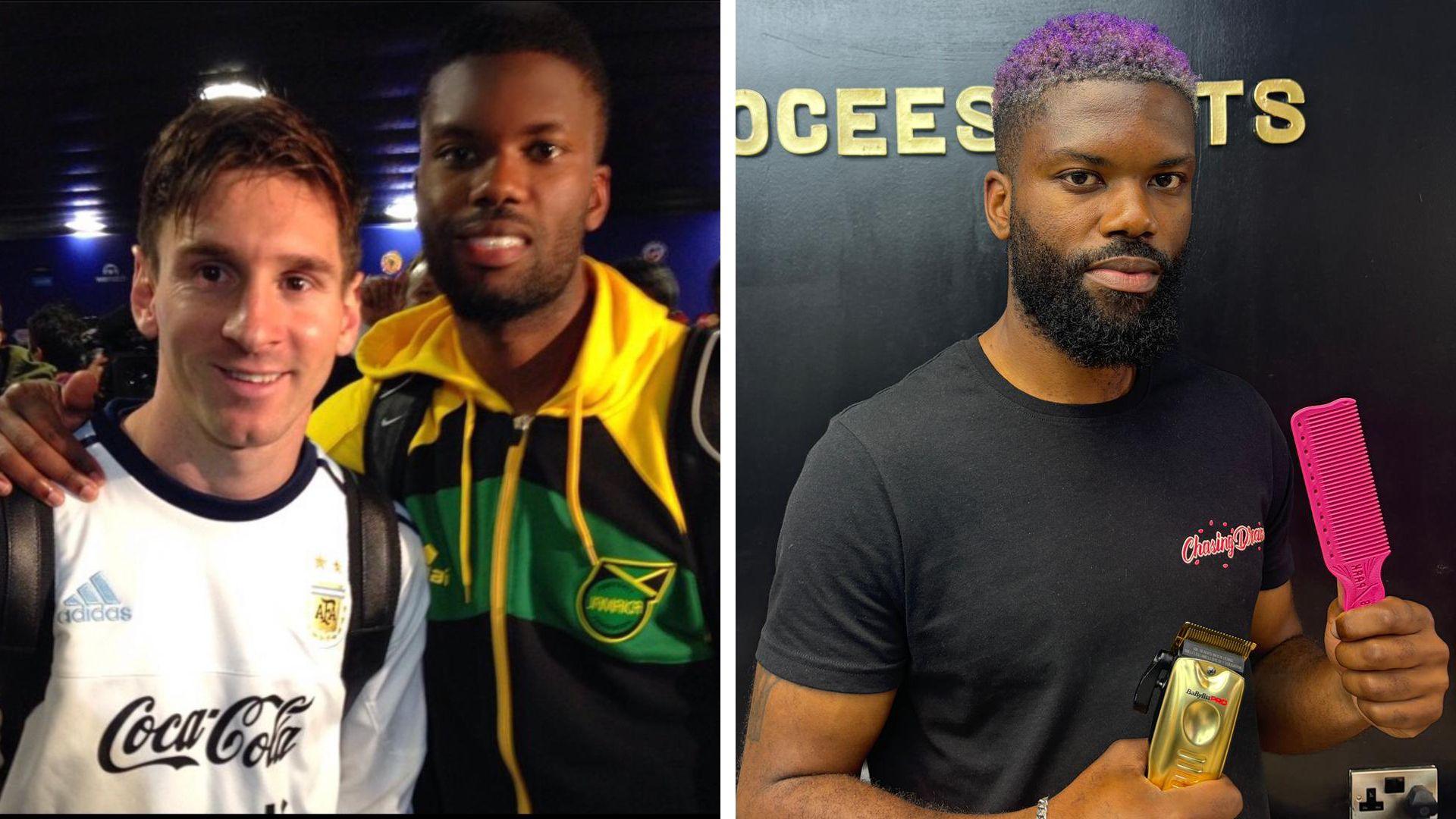 A composite of two images. The left image shows Argentinian footballer Lionel Messi stood with Jamaican footballer Joel Grant, both wearing their countries' tracksuits. The right image shows Joel Grant holding a shaver and a comb in a barbers shop.