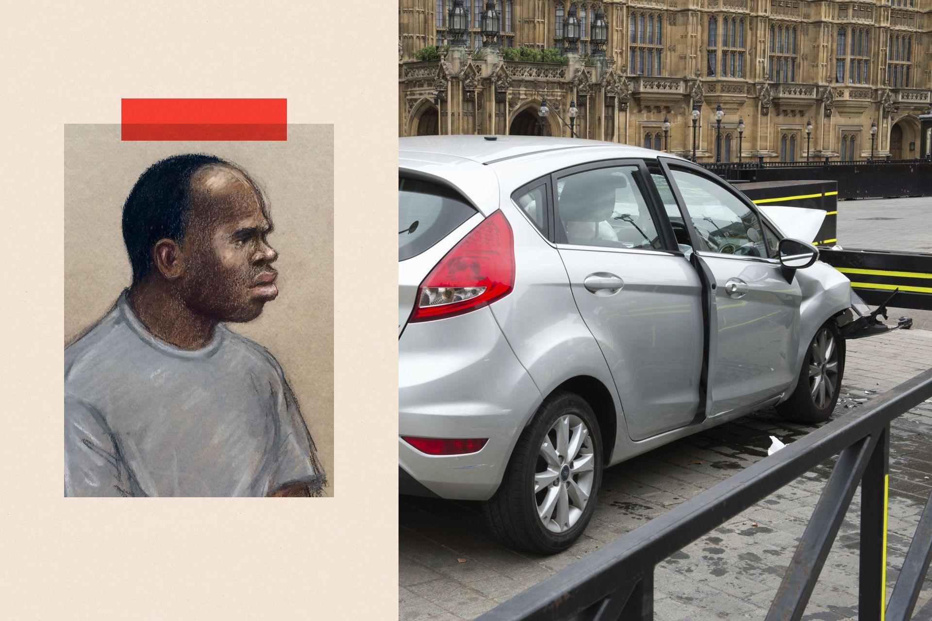 This is a montage image containing a court sketch of Salih Khater, appearing at Westminster Magistrates' Court, and the silver Ford Fiesta 