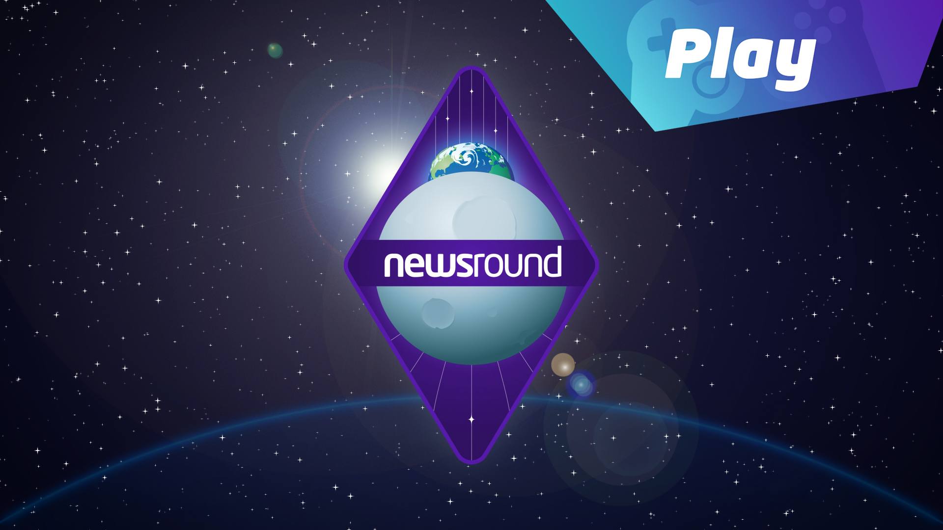 Graphic pictire of the Newsround logo that is floating in space with the word Play in the top corner.