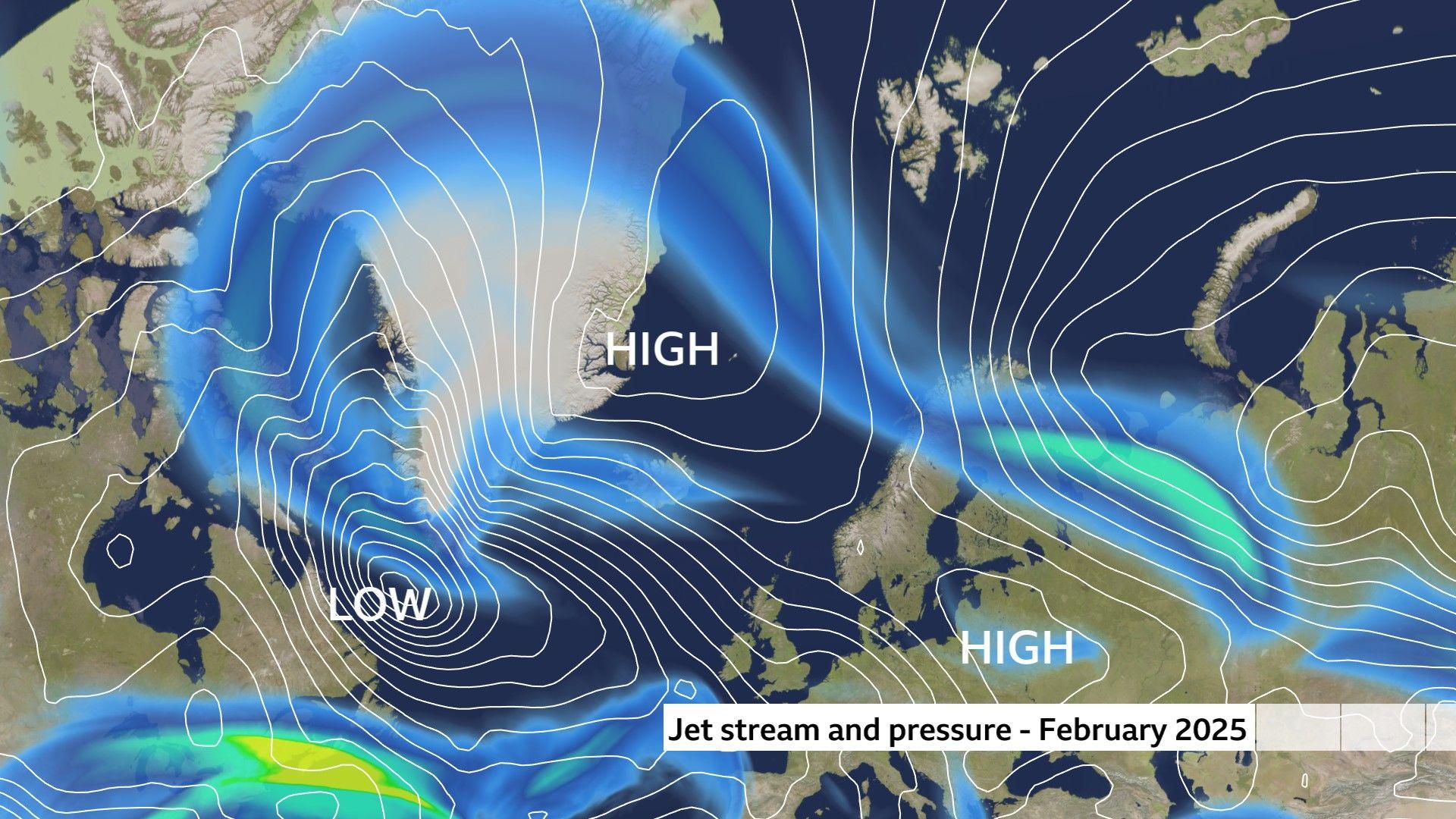 Map of North Atlantic showing the jet stream in blue, looped far to the north of the UK.