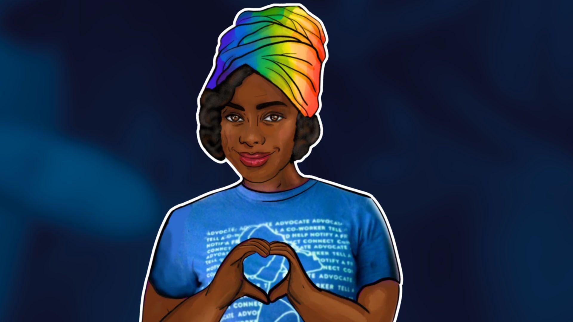 A graphic image of a young woman in a blue T-shirt with a multi-coloured headscarf. She is holding her hands in a heart shape.