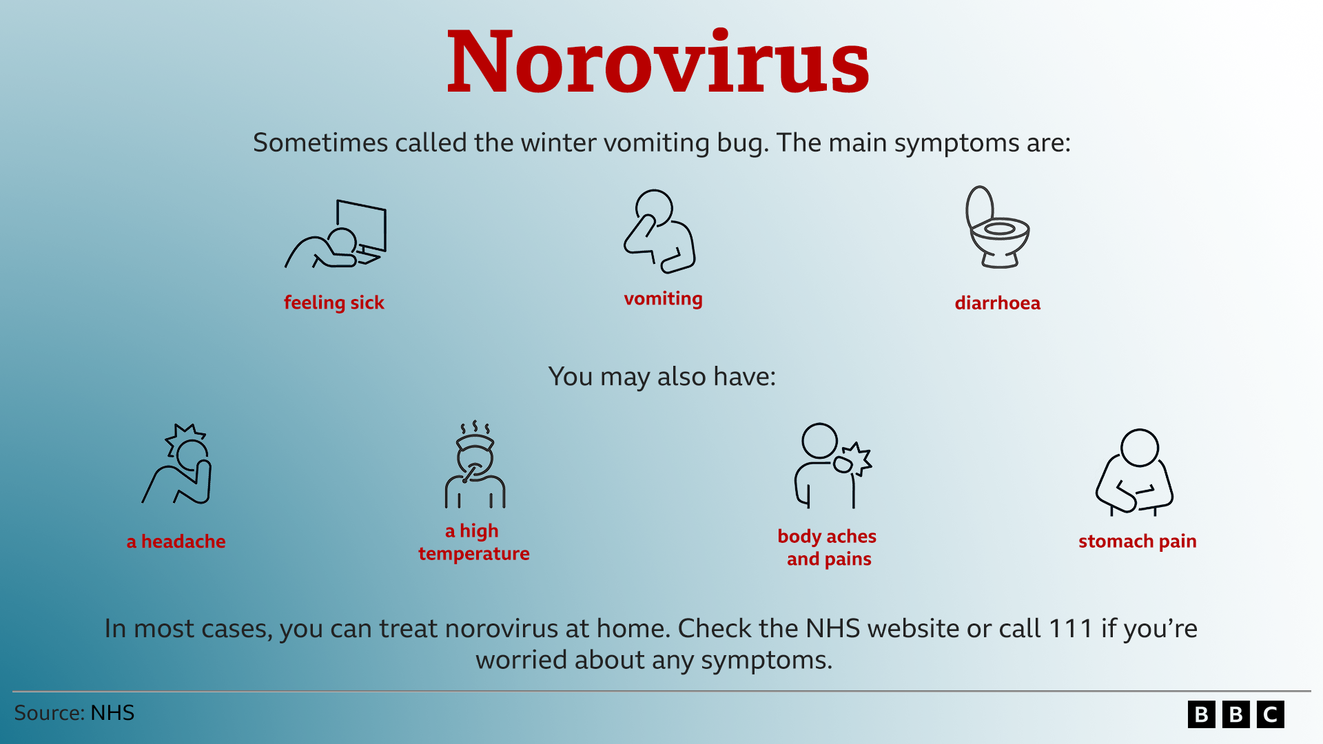 Graphic showing symptoms of norovirus: feeling sick, vomiting, diarrhoea, a headache, high temperature, body aches and pains, and stomach pain