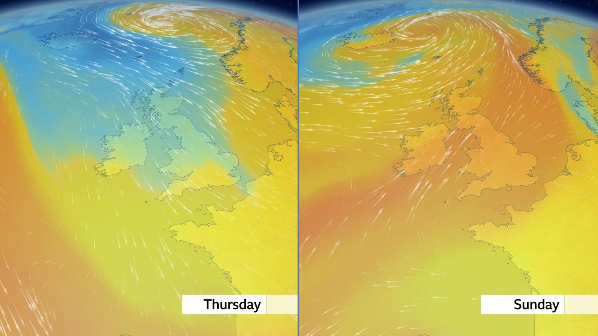 Two 鶹ҳ Weather maps showing the air mass across the UK - one with north-westerly winds bringing blue colours, indicating cold air, and one with south-westerly winds bringing orange colours, indicating warm air.