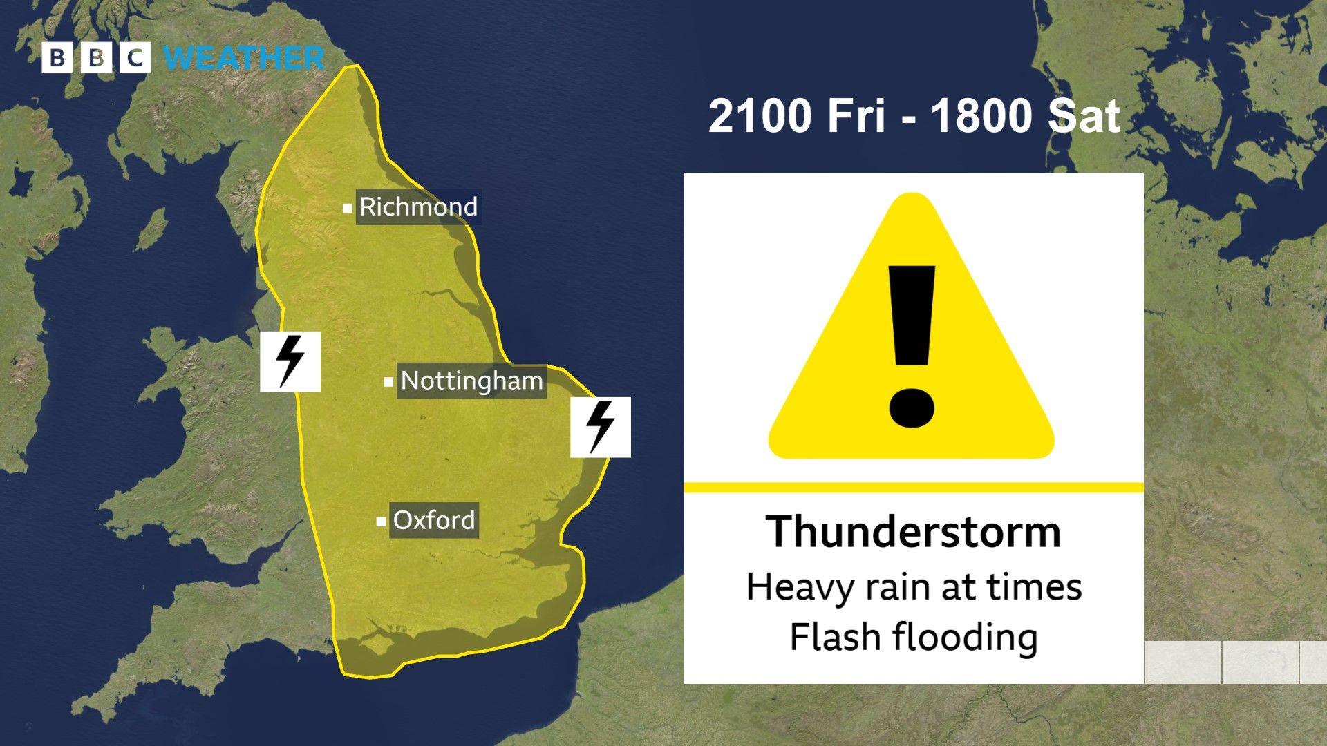 Map showing yellow thunderstorm warning area that includes three location - Richmond, Nottingham and Oxford. Warning headline and duration of warning.