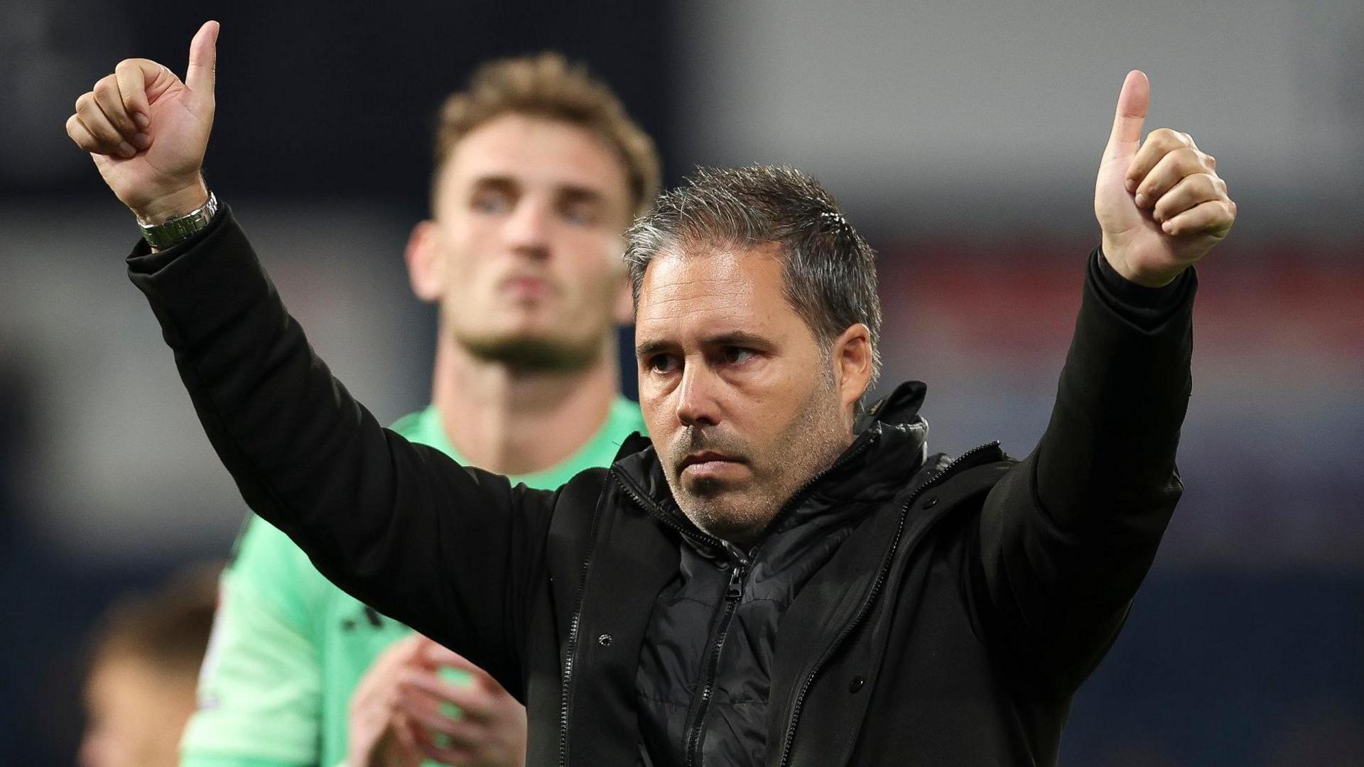 Leicester boss Marti Cifuentes gives two thumbs up after his side drew at West Brom