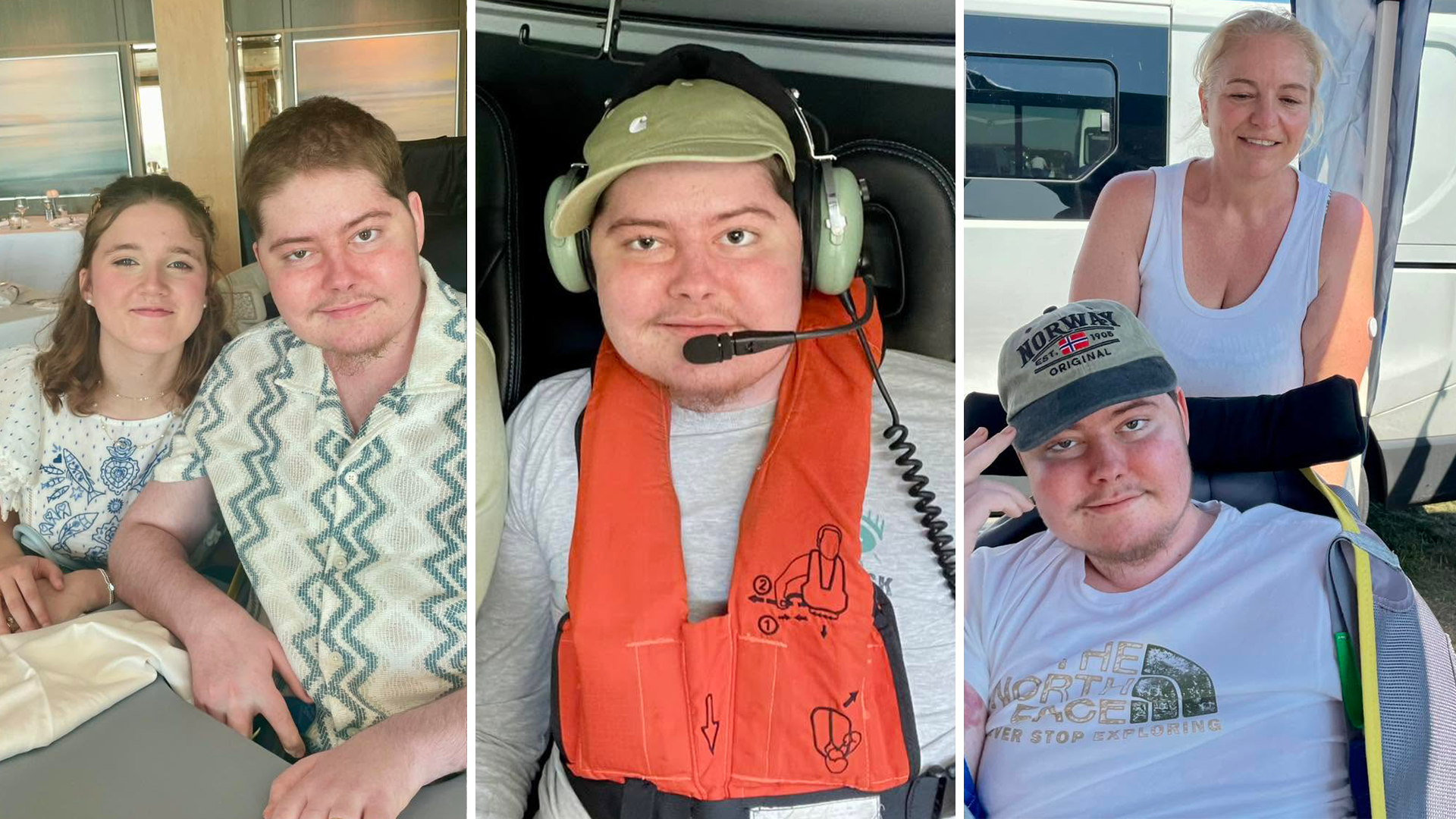 A composite image of Charlie. The photo on the left is of him and his wife smiling at the camera. The middle photo is a close up of Charlie in a helicopter with a headset on. The photo on the right is of Cerys wheeling Charlie at the beach.