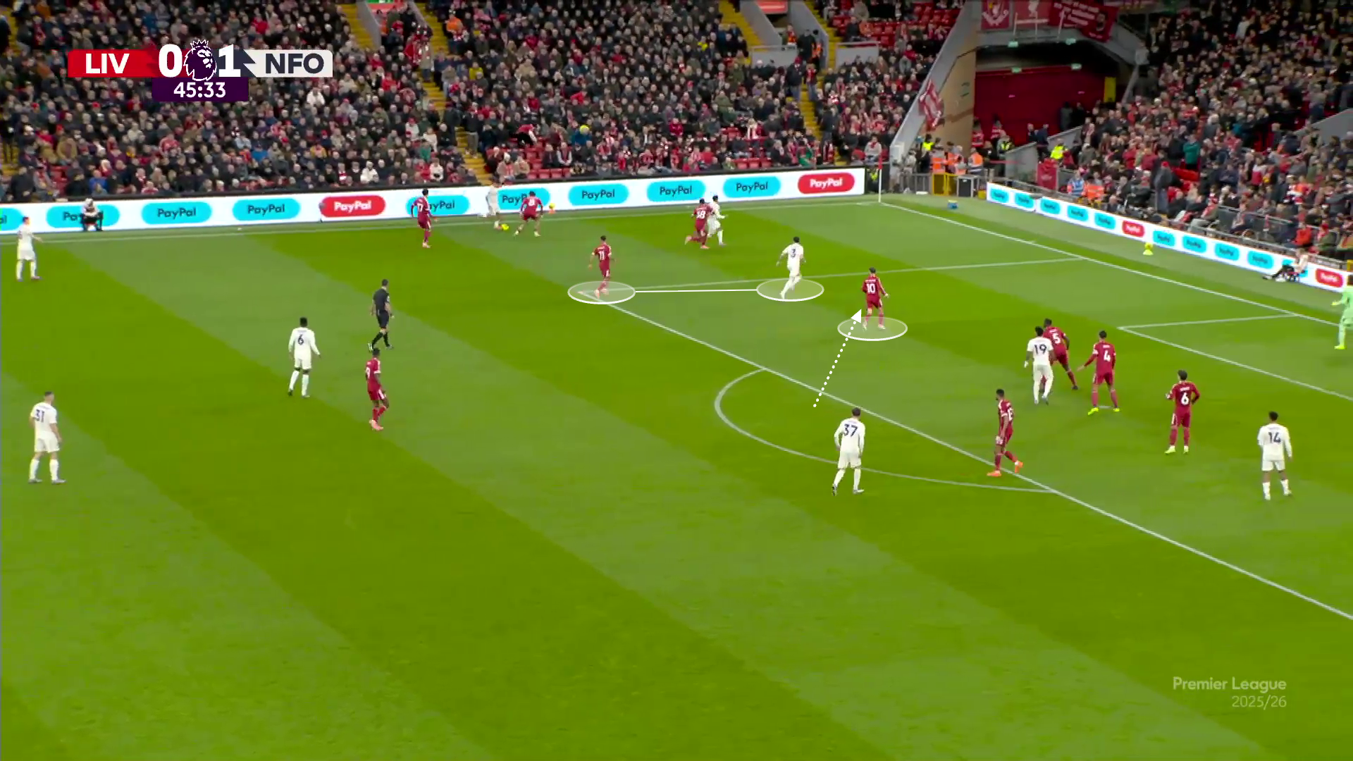 Mac Allister (10) came across to defend Williams (3) who had run off of Salah