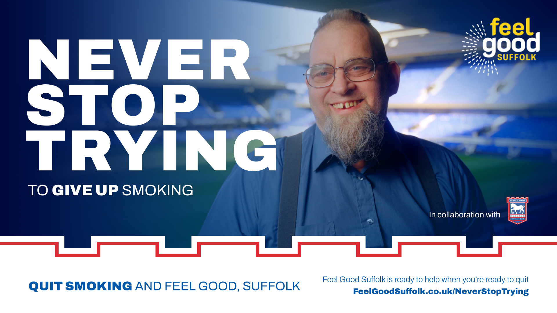 A campaign poster of Mr Shuttleworth smiling at the camera with the campaign title, Never Stop Trying written next to him.