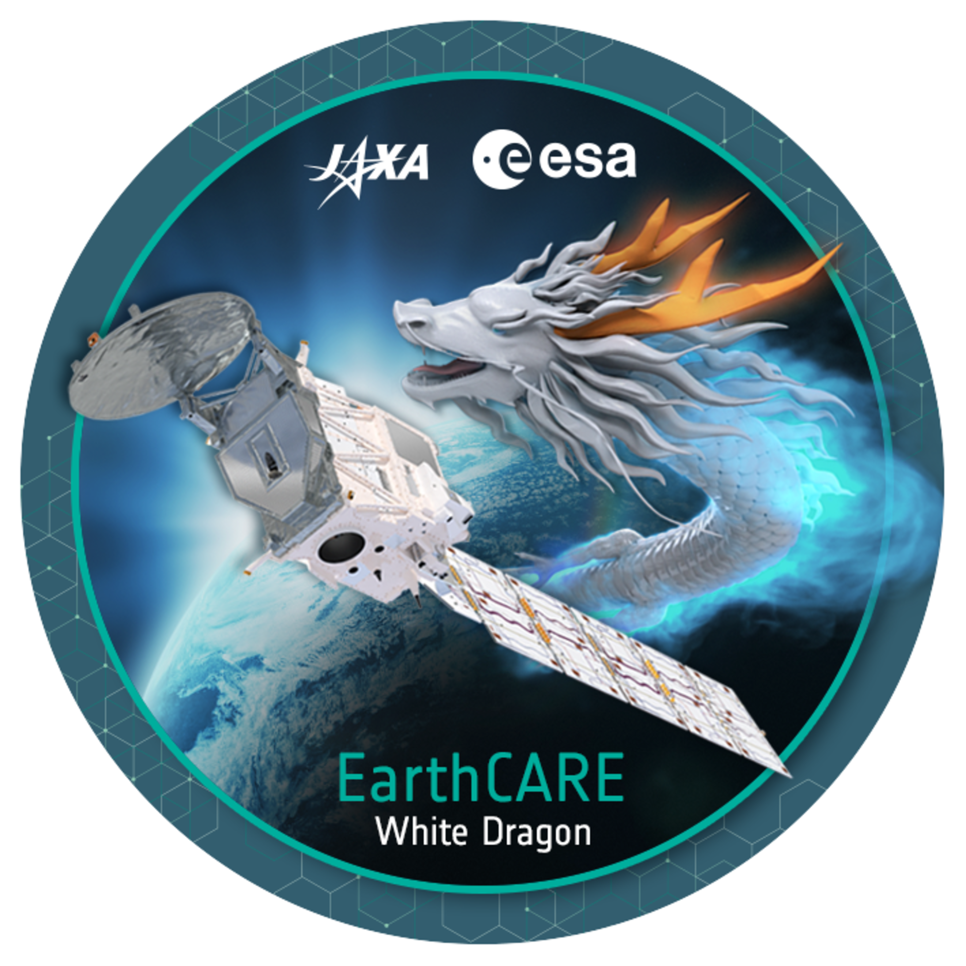 Badge showing the satellite with a white dragon.