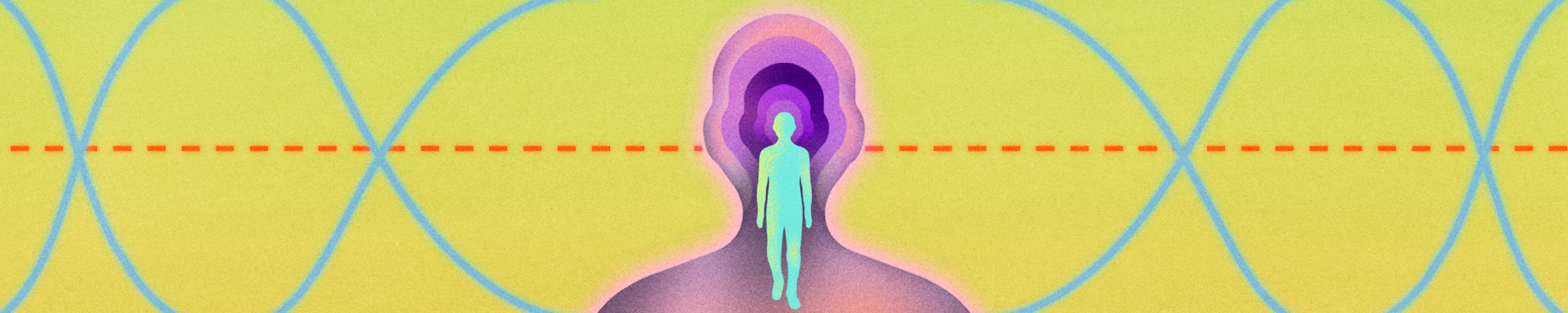 Thin yellow banner promoting the Health Fix newsletter with a human shape in the centre in turquoise and concentric outlines in purple. There is a red dotted, horizontal line and two wavy blue lines that cross each other.