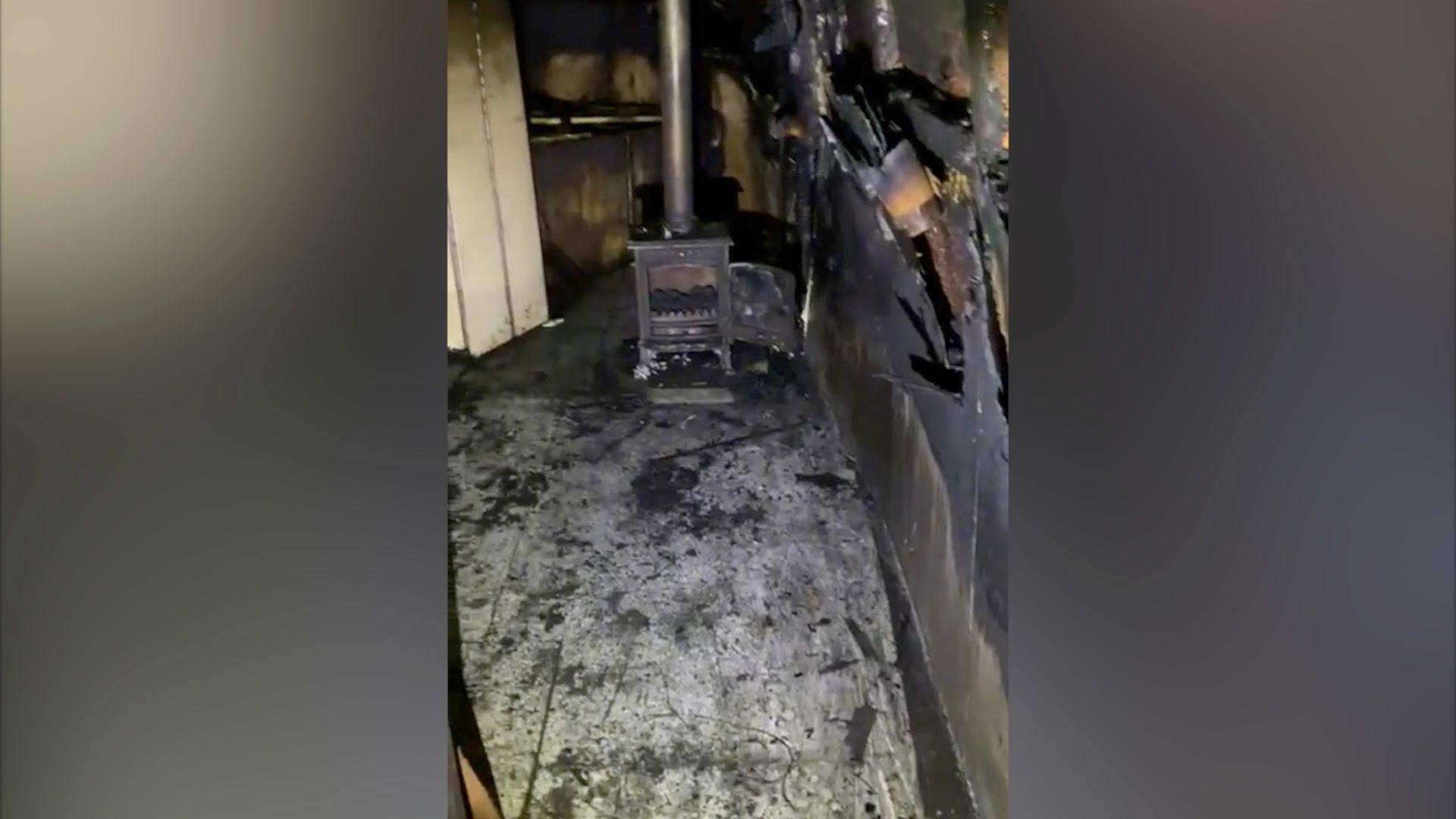 The burnt interior of the boat.