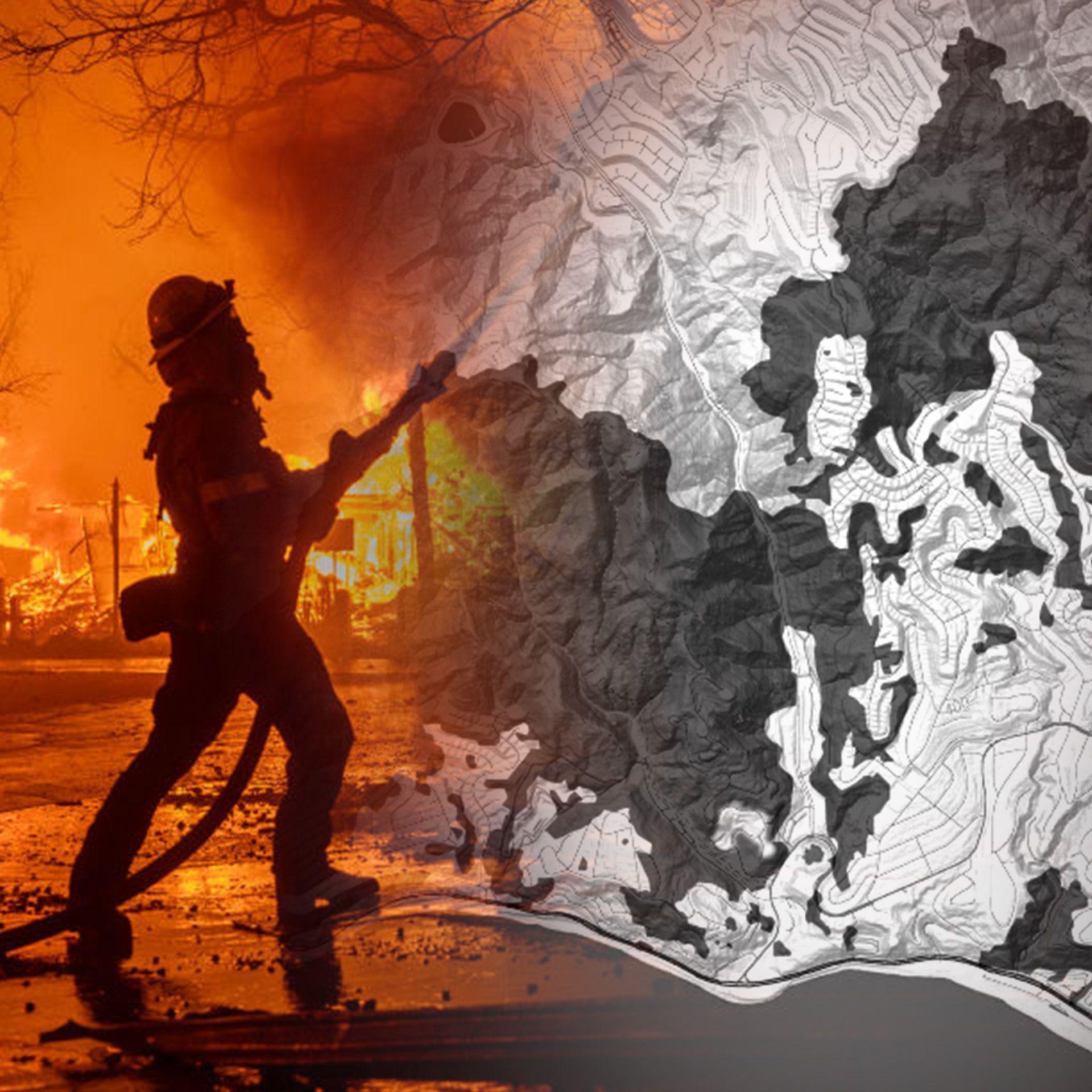 Treated image showing a firefighter tackling a blaze next to a map of Los Angeles.