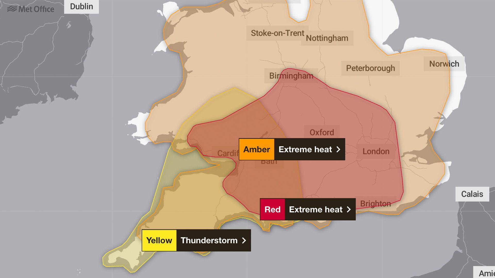 A map of Wales covered in an orange weather warning. South east Wales is also covered by a red weather warning. 