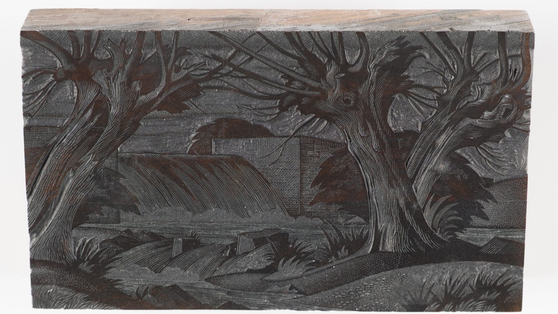 A wood block engraved with a weir and some trees. The printing surface is dark with ink.