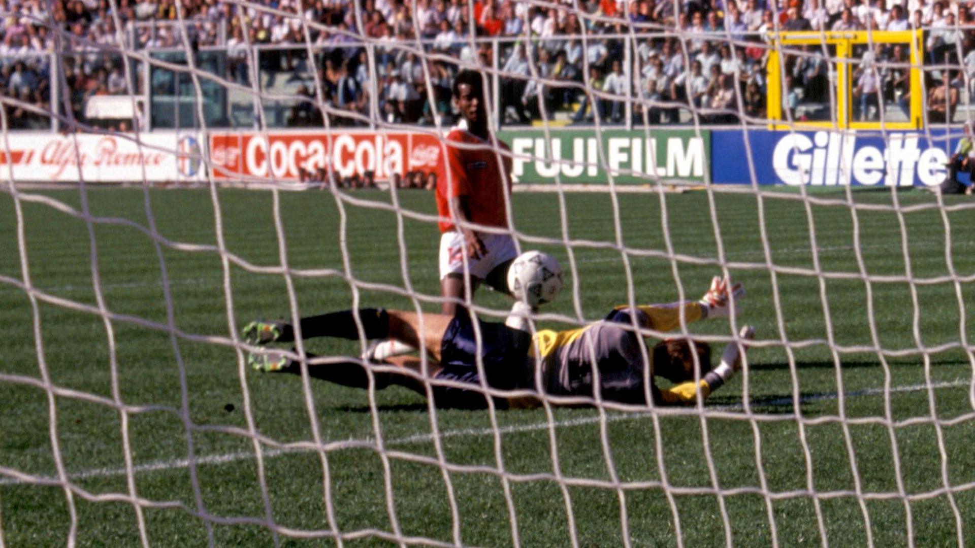Juan Arnaldo Cayasso scores for Costa Rica against Scotland at the 1990 World Cup