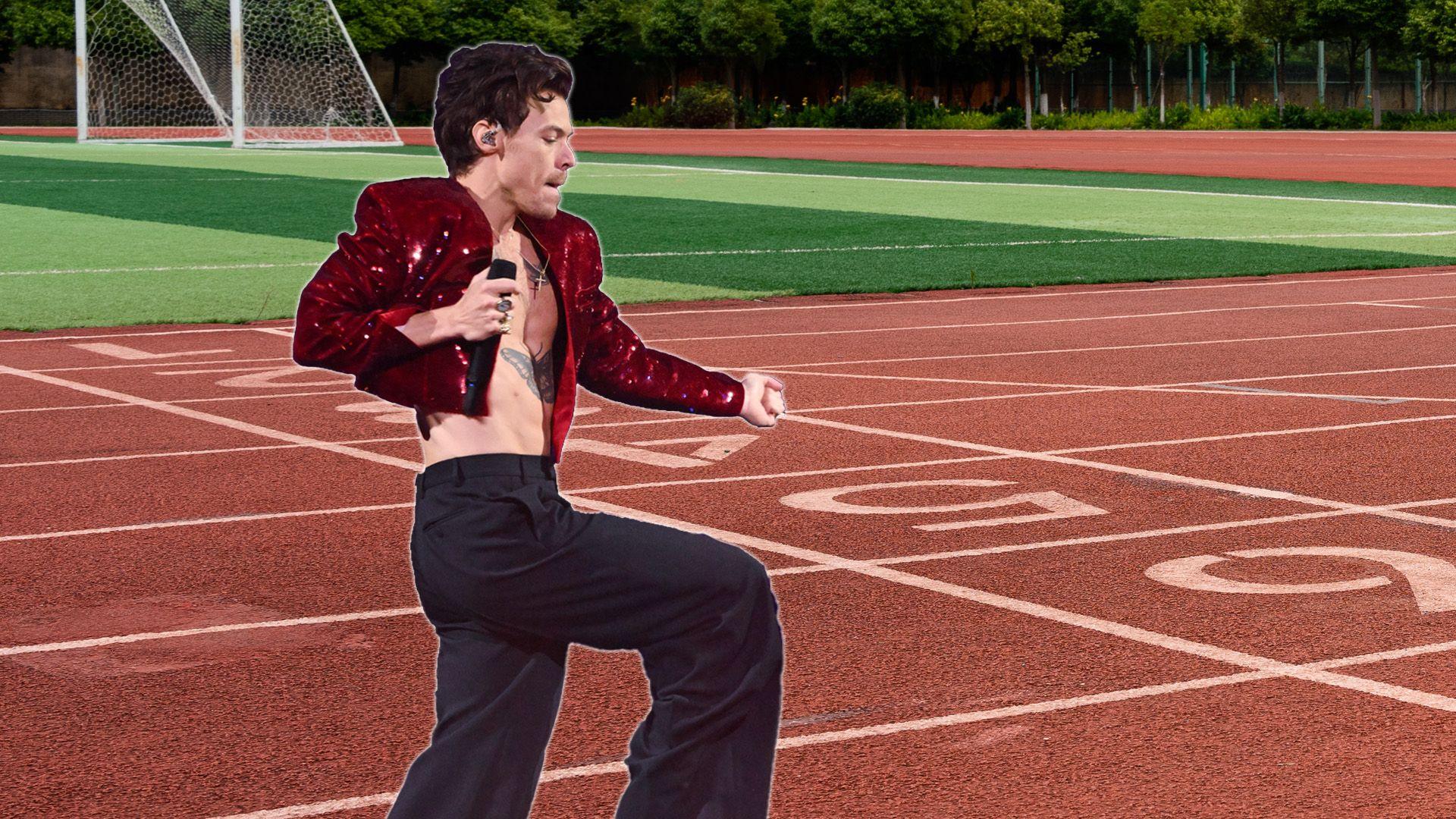 A composite picture of Harry Styles in a sequinned red jacket and black trousers with a microphone on top of a background image of a race track. 