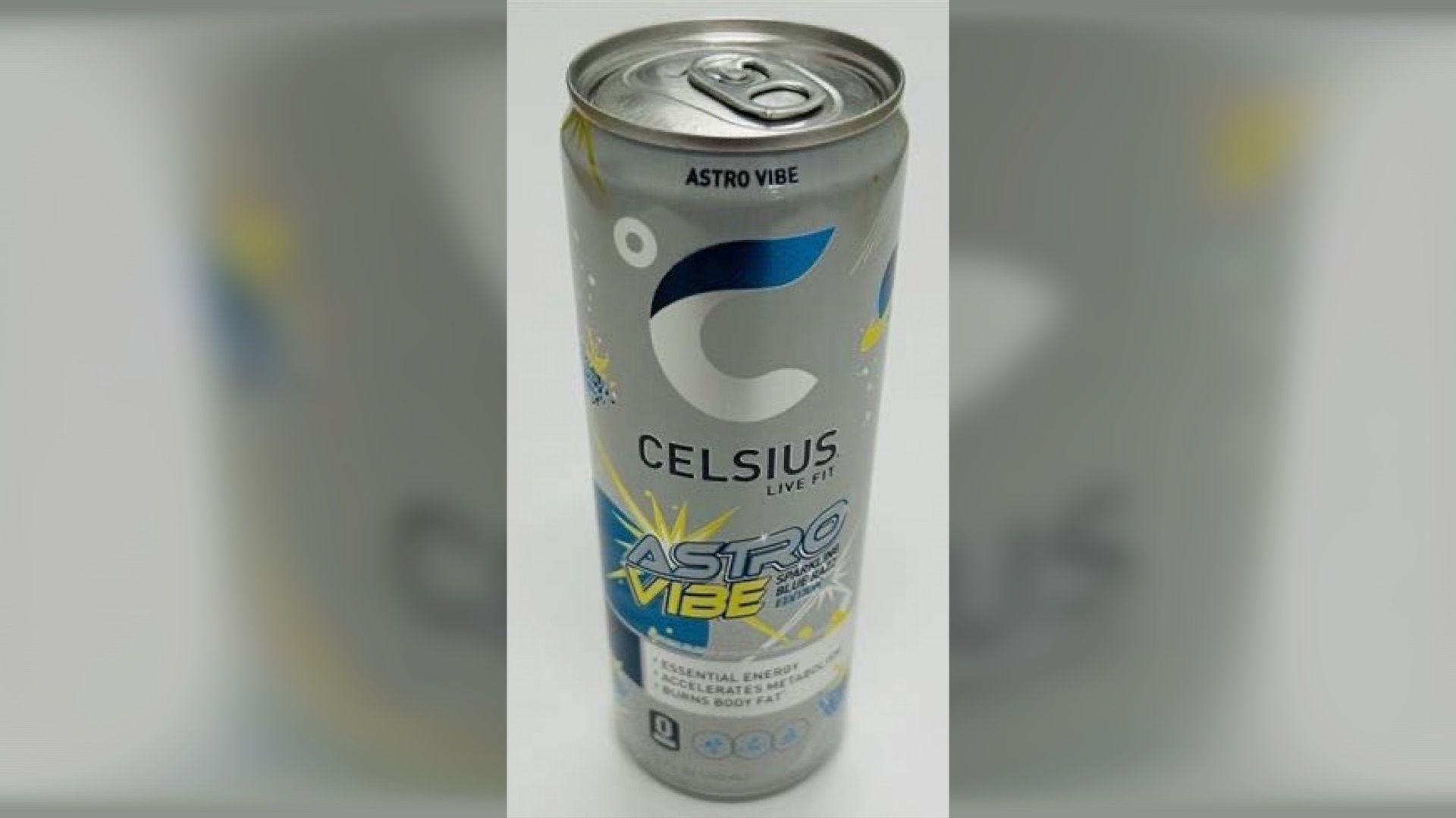 A silver can of Celsius energy drink with Astro Vibe on the exterior