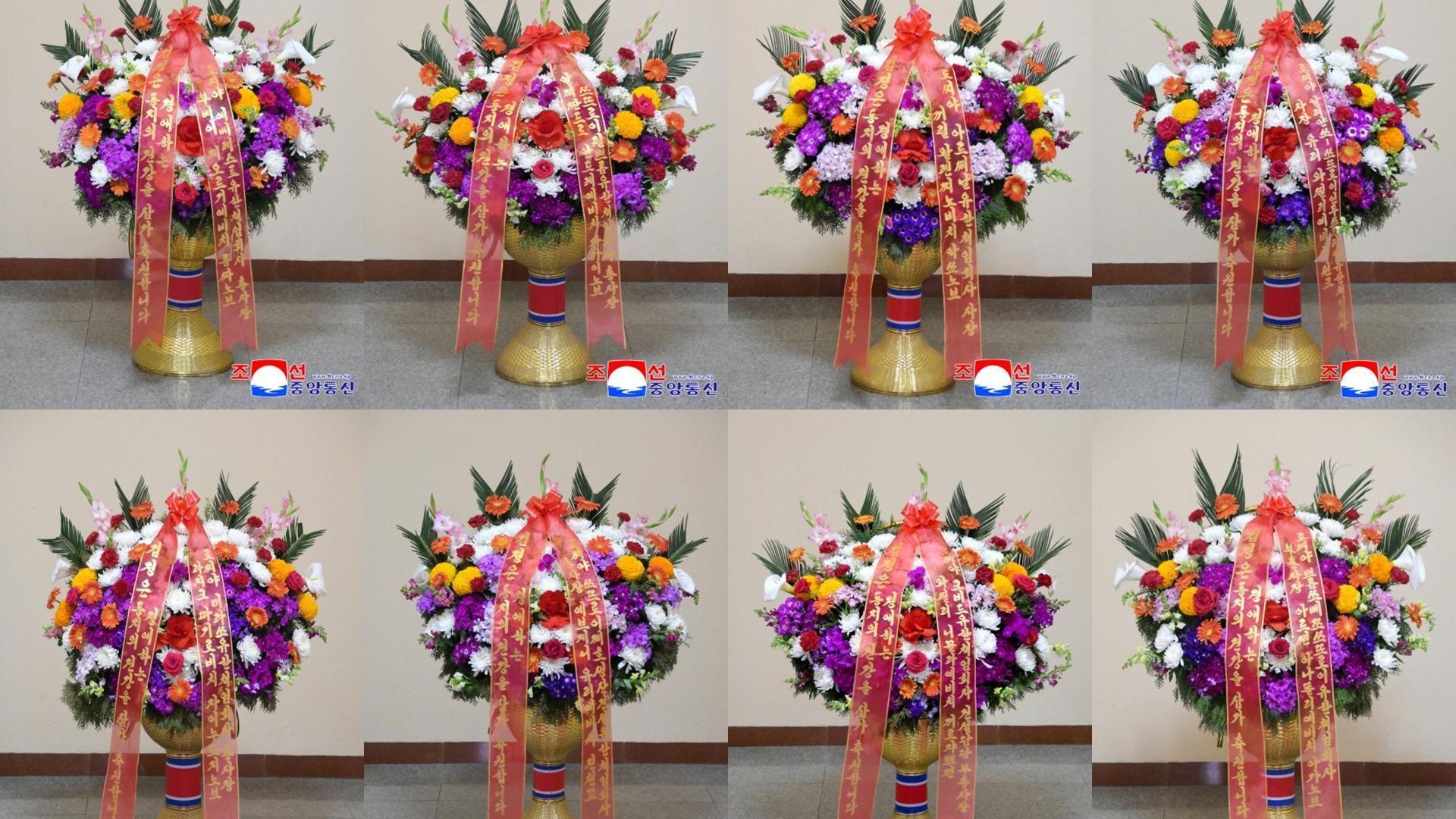 A composite image of flowers that were sent to Kim Jong Un by various Russian construction companies in April, according to North Korean state media