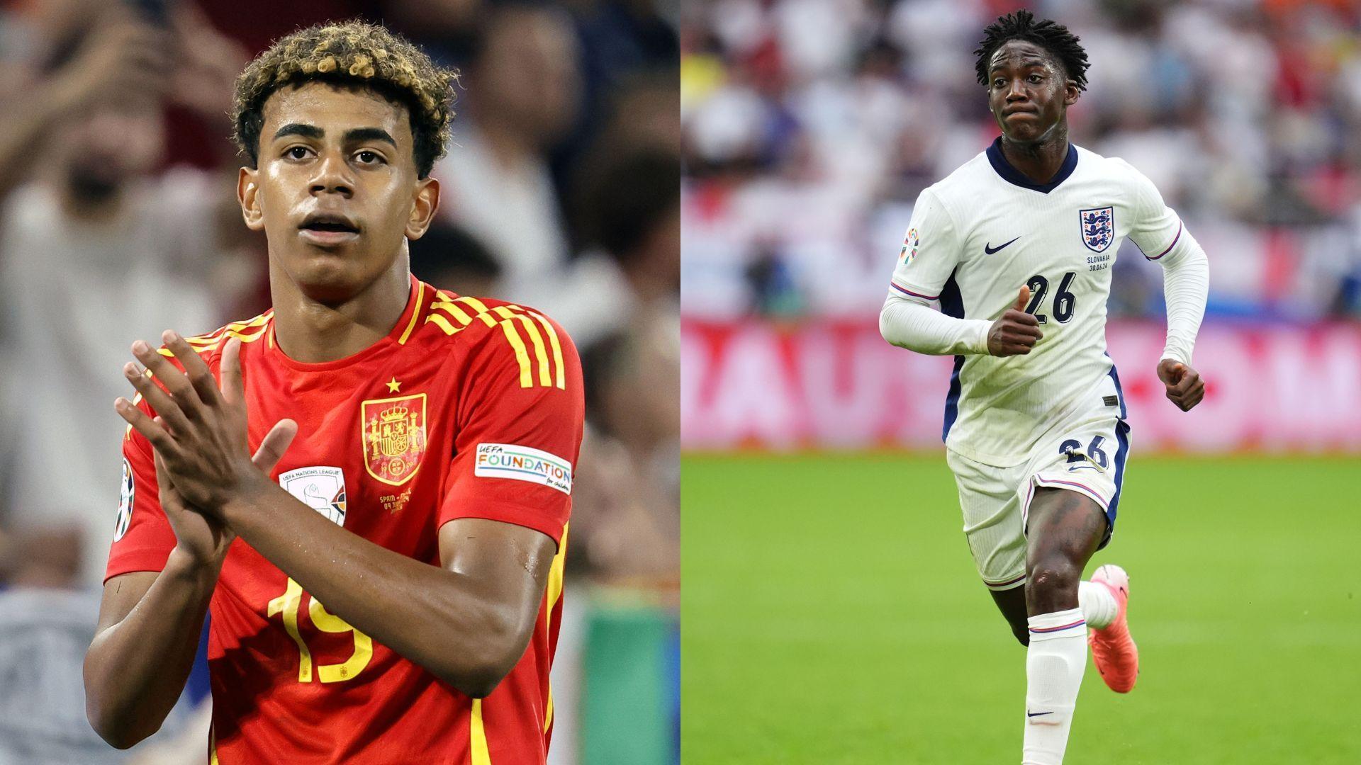 Two pictures side by side, one of Lamine Yumal clapping in a red shirt, one of Kobbie Mainoo in white kit running towards the camera.