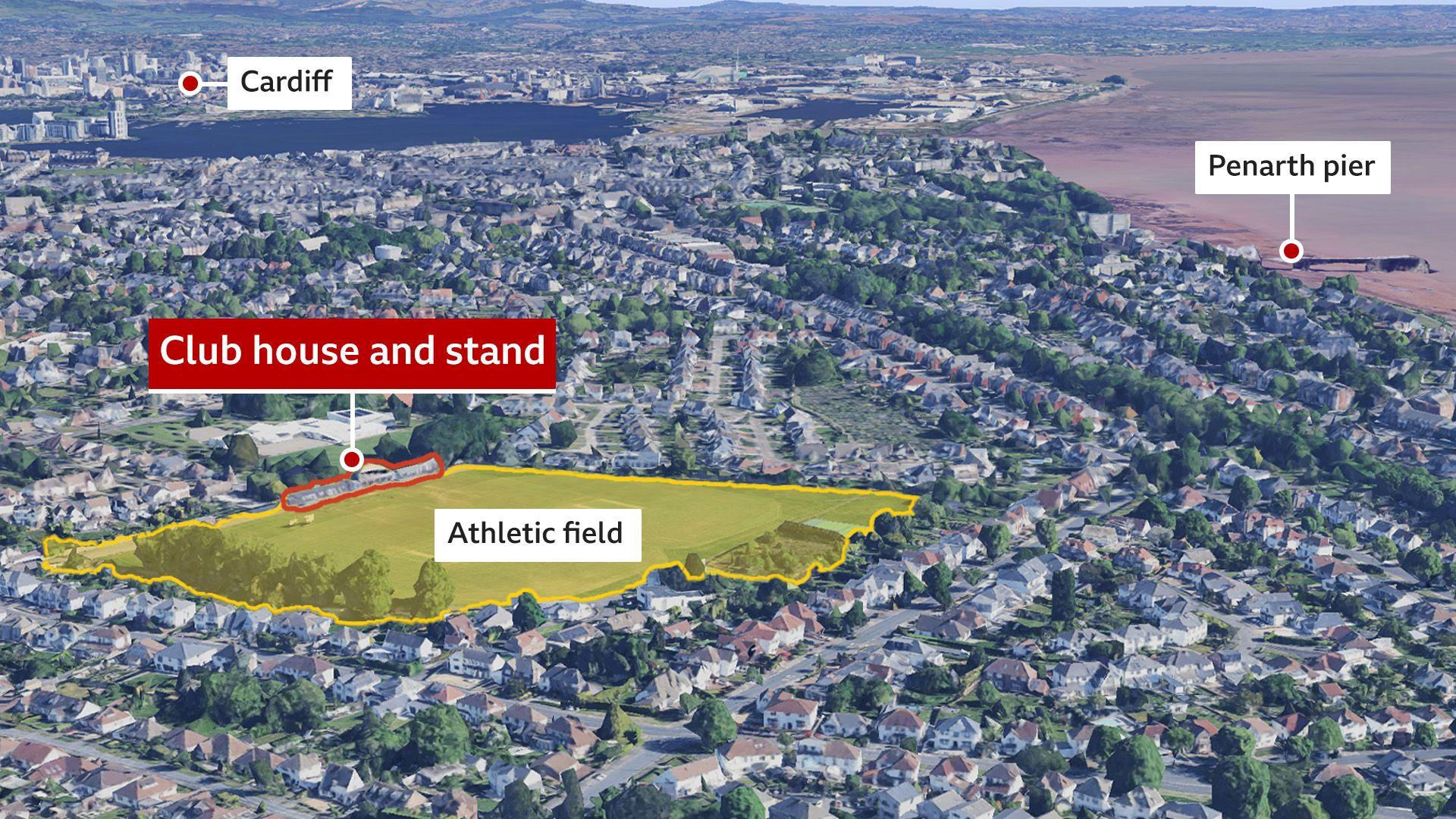 An aerial map highlighting the club and grounds, and where they lie within the town of Penarth