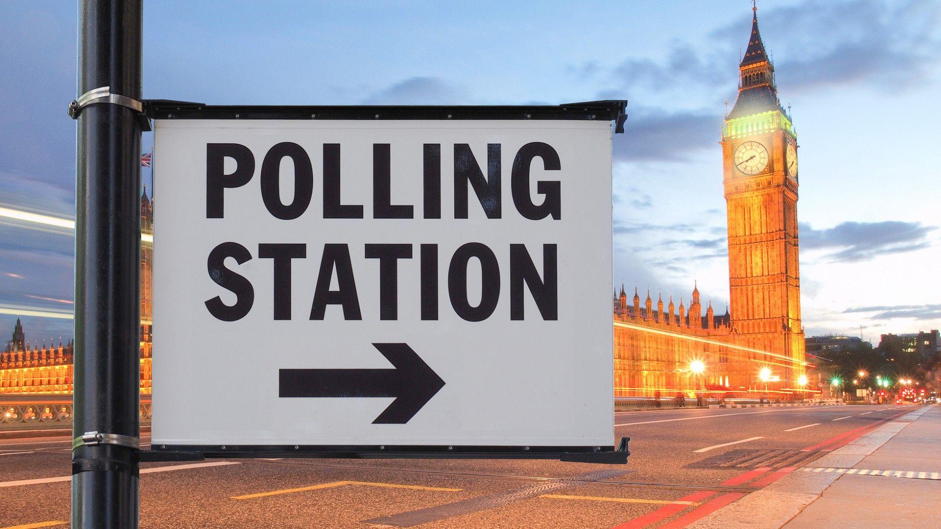 polling station sign in front of Westminster. 