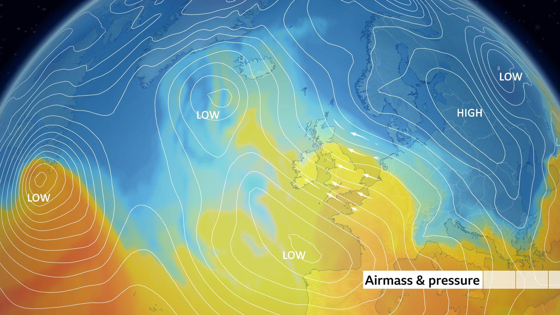 Recent airmass and pressure chart across Europe showing colder air over northern Europe and warmer air from the Atlantic over most of the UK