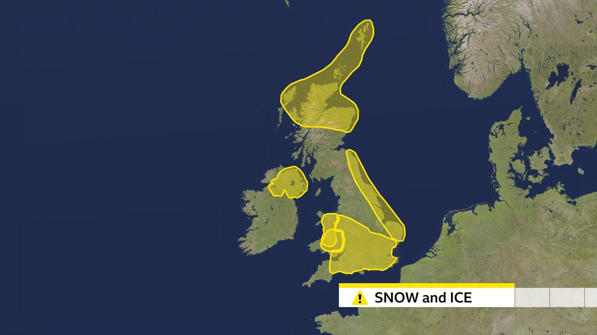 A map of the UK with yellow weather warnings for snow and ice along North Sea coasts, Northern Ireland, Wales, northern Scotland and much of southern England