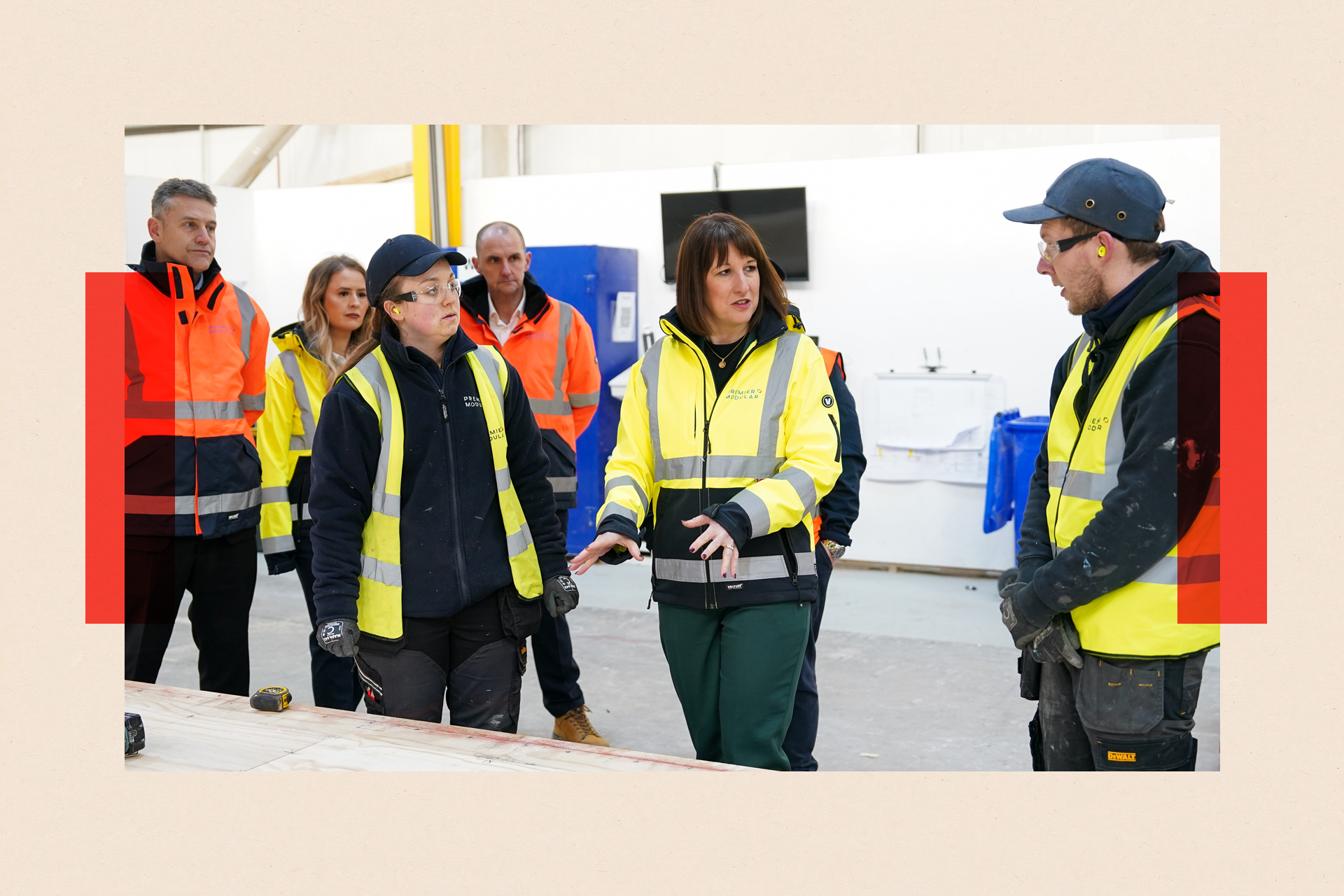 Rachel Reeves speaks with staff members as she tours manufacturing facilities
