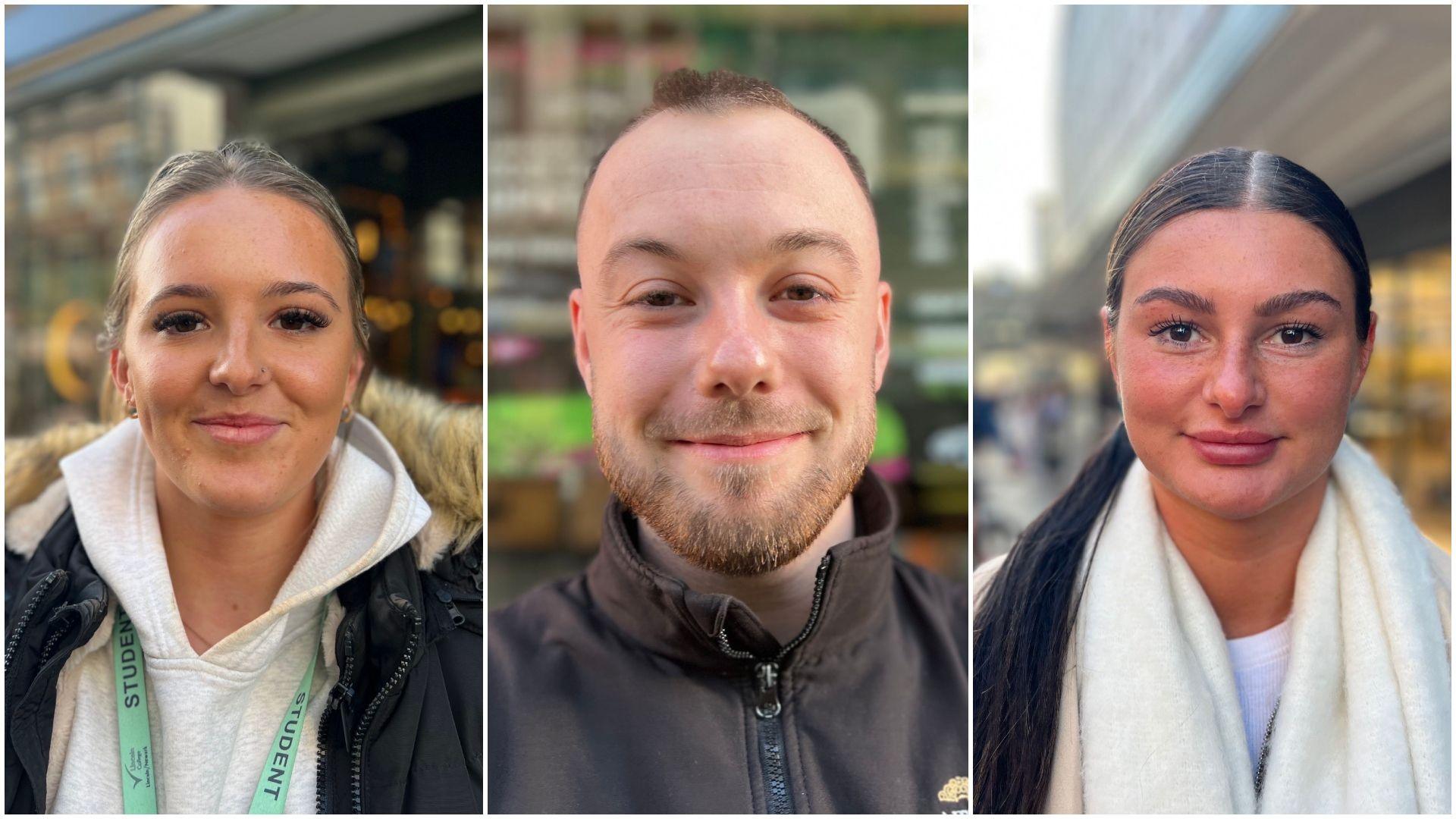 A montage of three young adults, all smiling, taken on a street in Lincoln. On the left, a woman with blonde hair, tied back, wearing a light-grey hoodie, black parka coat and green lanyard with the word "student" printed on it. In the centre, a man with closely cropped dark-brown hair and a neatly trimmed beard, wearing a black, zip-up top. To the right, a woman with long black hair tied in a pony tail, wearing a white scarf over a white T-shirt and ivory-coloured coat.